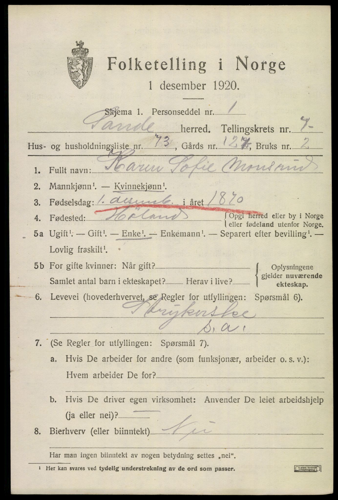 SAKO, 1920 census for Sande, 1920, p. 8950