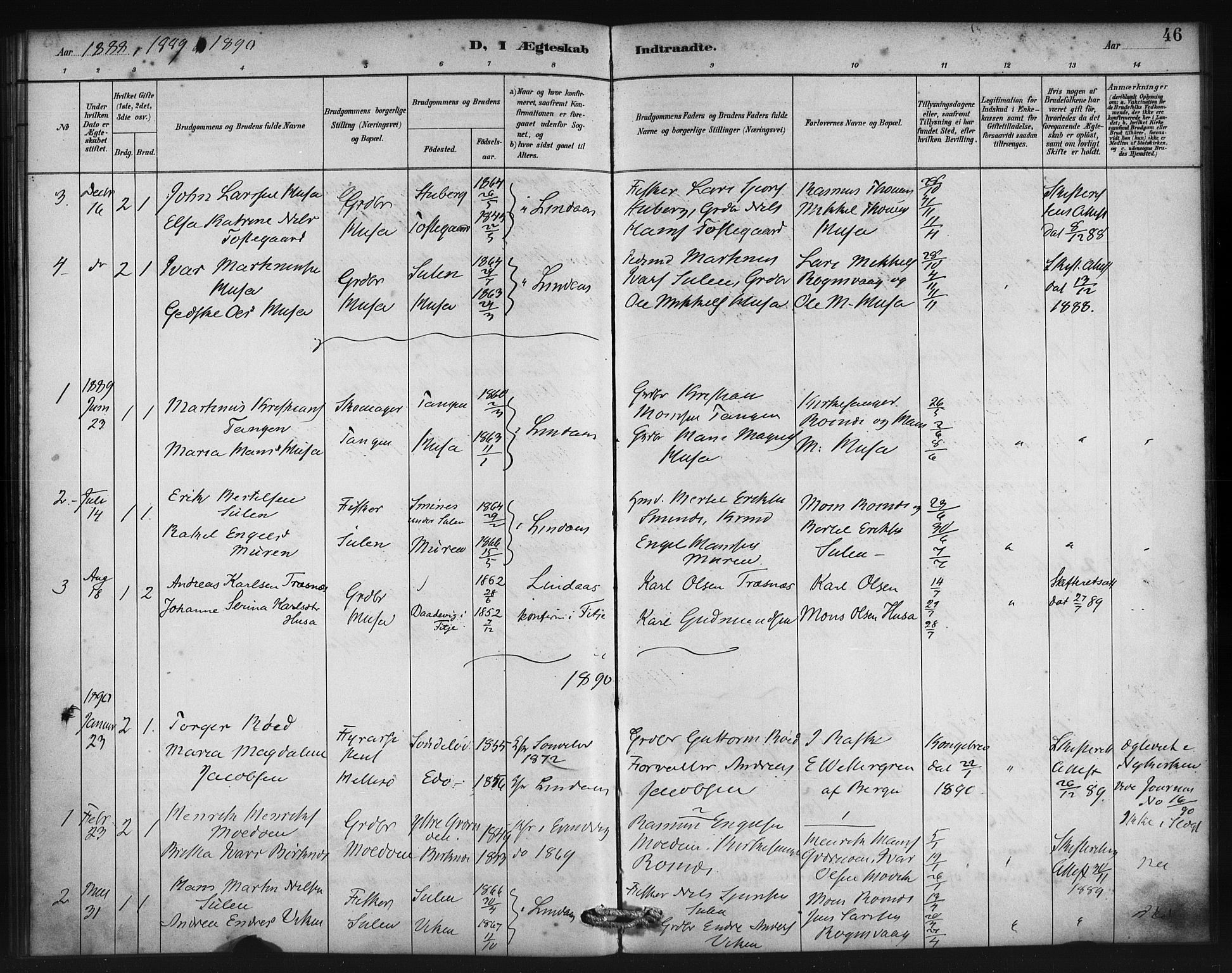 Lindås Sokneprestembete, SAB/A-76701/H/Haa: Parish register (official) no. D 1, 1886-1896, p. 46