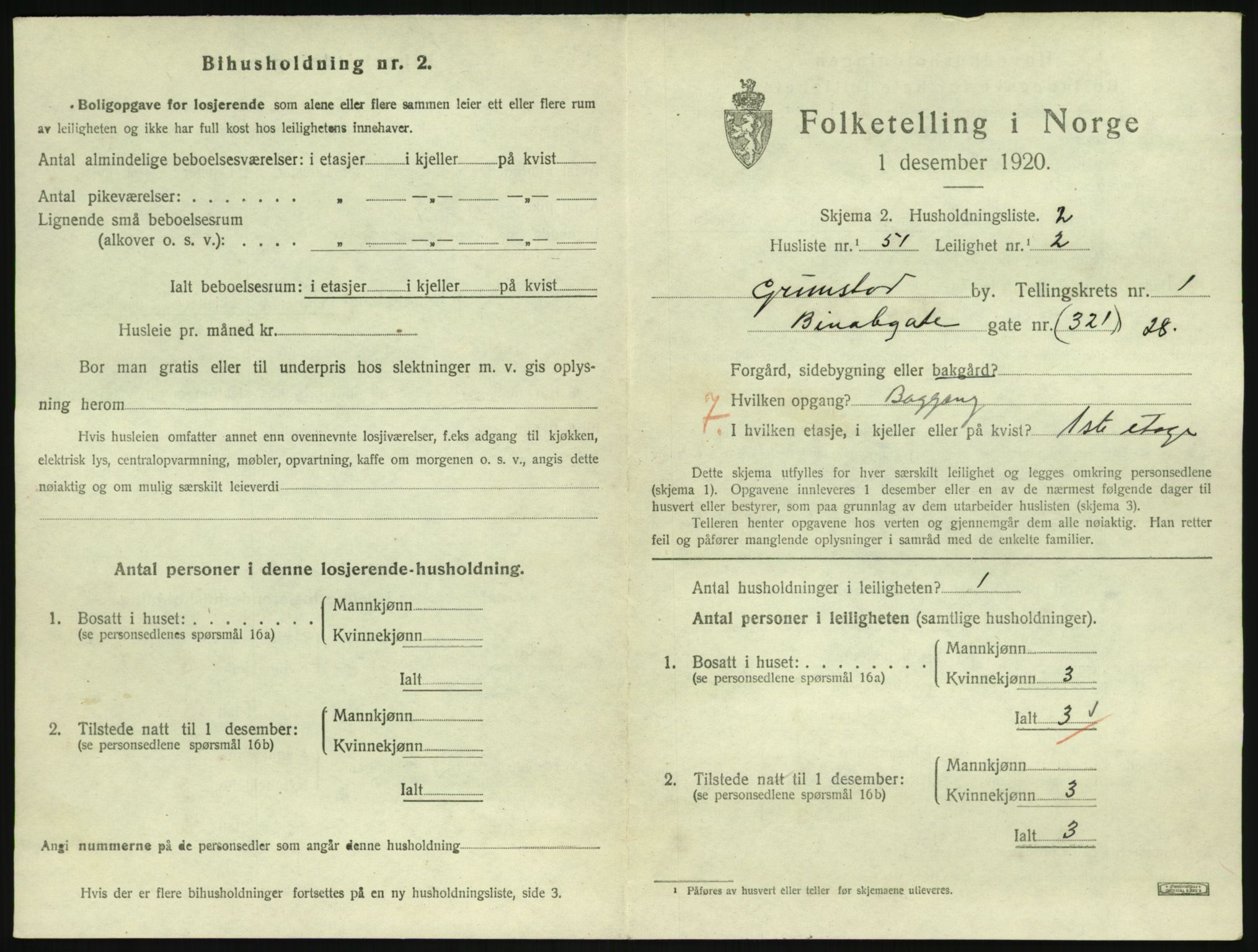 SAK, 1920 census for Grimstad, 1920, p. 1123