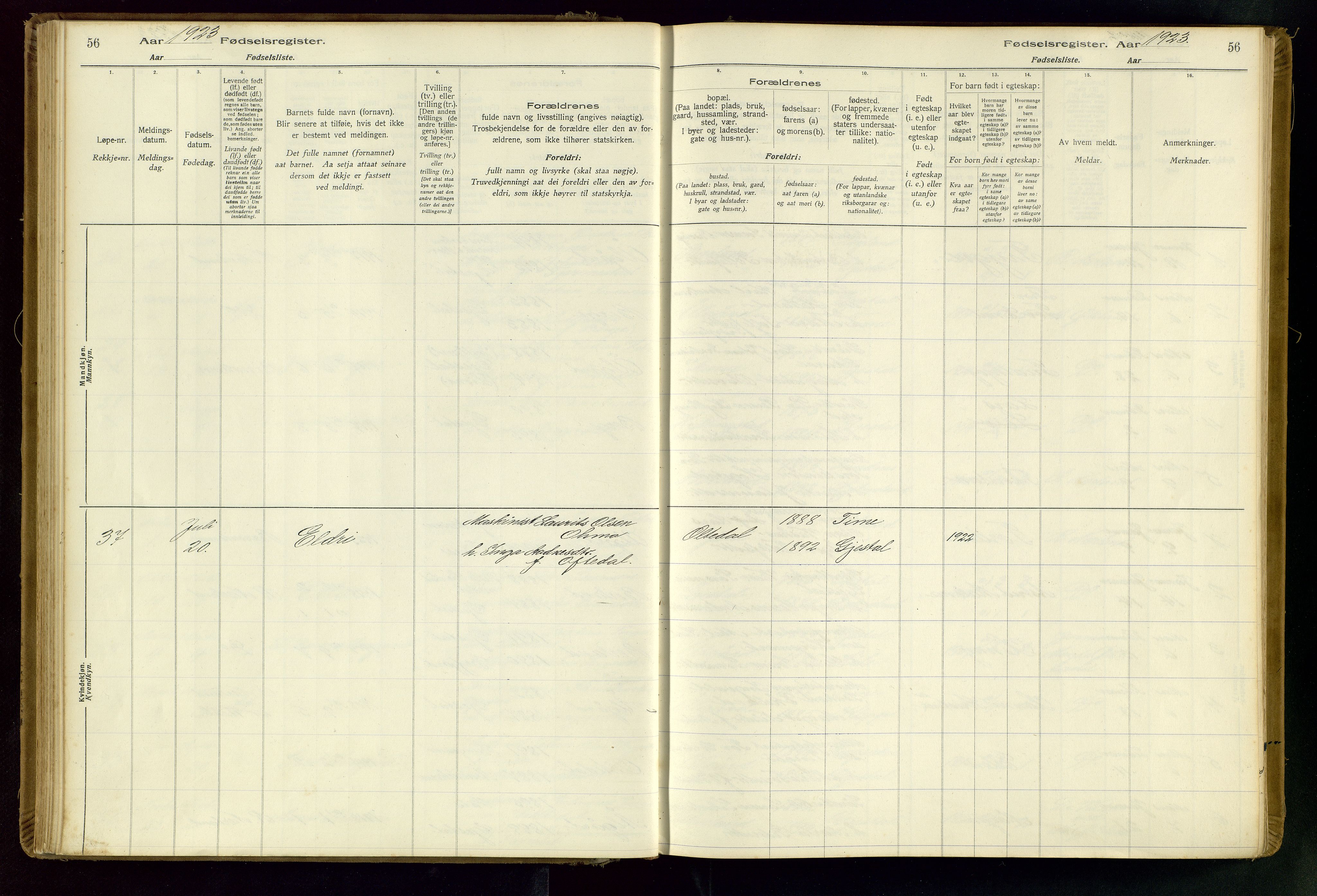 Gjesdal sokneprestkontor, SAST/A-101796/002/O/L0001: Birth register no. 1, 1916-1949, p. 56