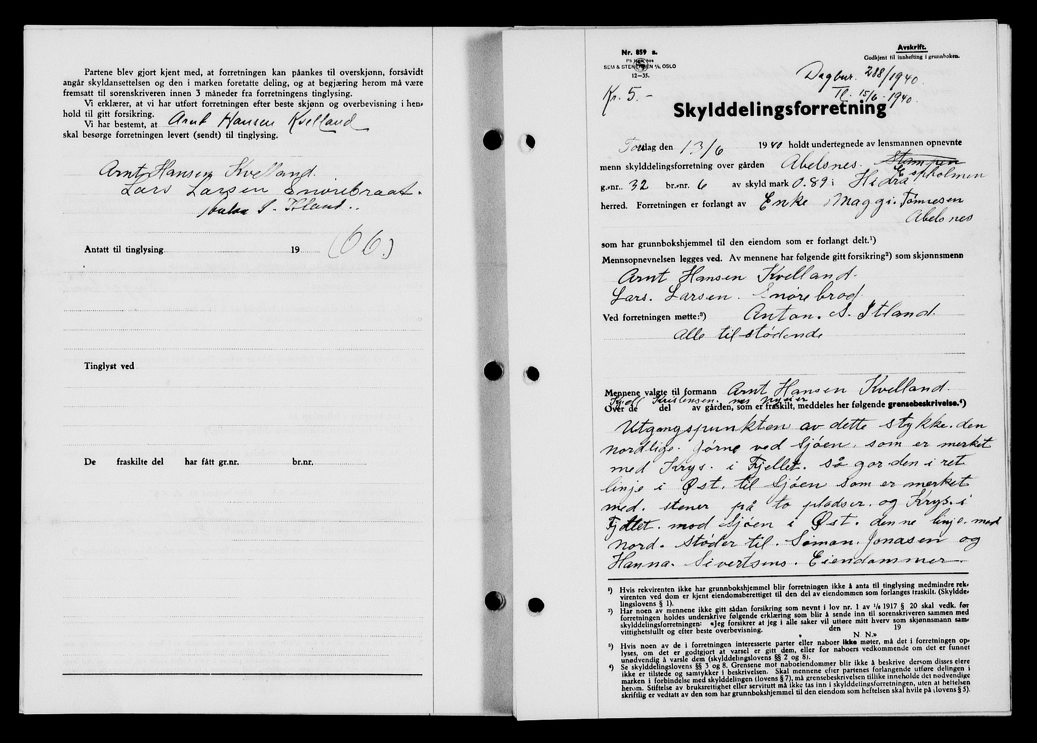 Flekkefjord sorenskriveri, AV/SAK-1221-0001/G/Gb/Gba/L0056: Mortgage book no. A-4, 1940-1941, Diary no: : 288/1940