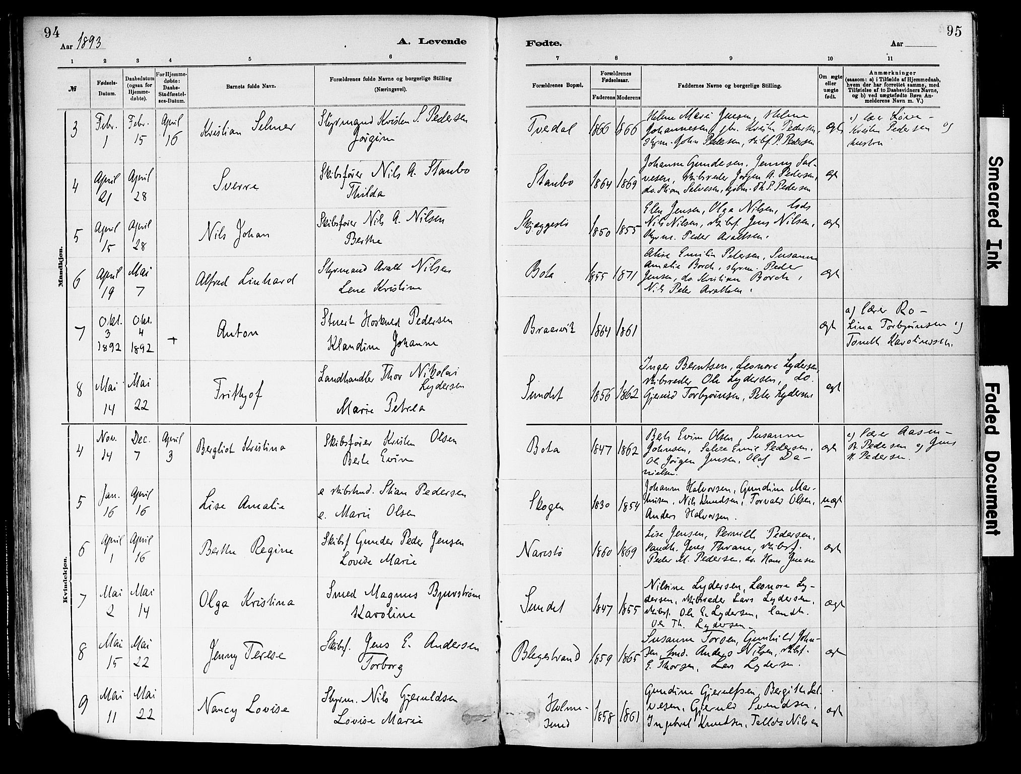 Dypvåg sokneprestkontor, SAK/1111-0007/F/Fa/Fab/L0001: Parish register (official) no. A 1, 1885-1912, p. 94-95