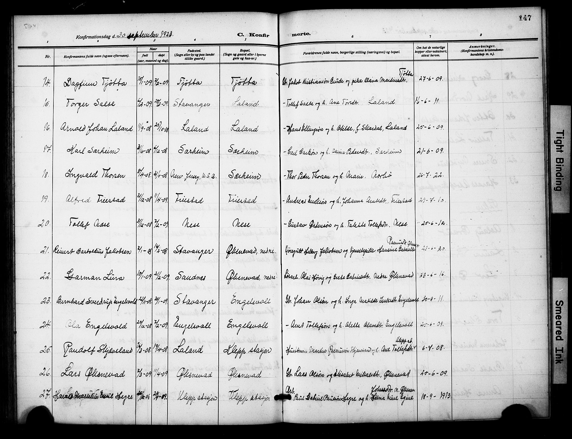 Klepp sokneprestkontor, AV/SAST-A-101803/001/3/30BB/L0007: Parish register (copy) no. B 7, 1908-1934, p. 147