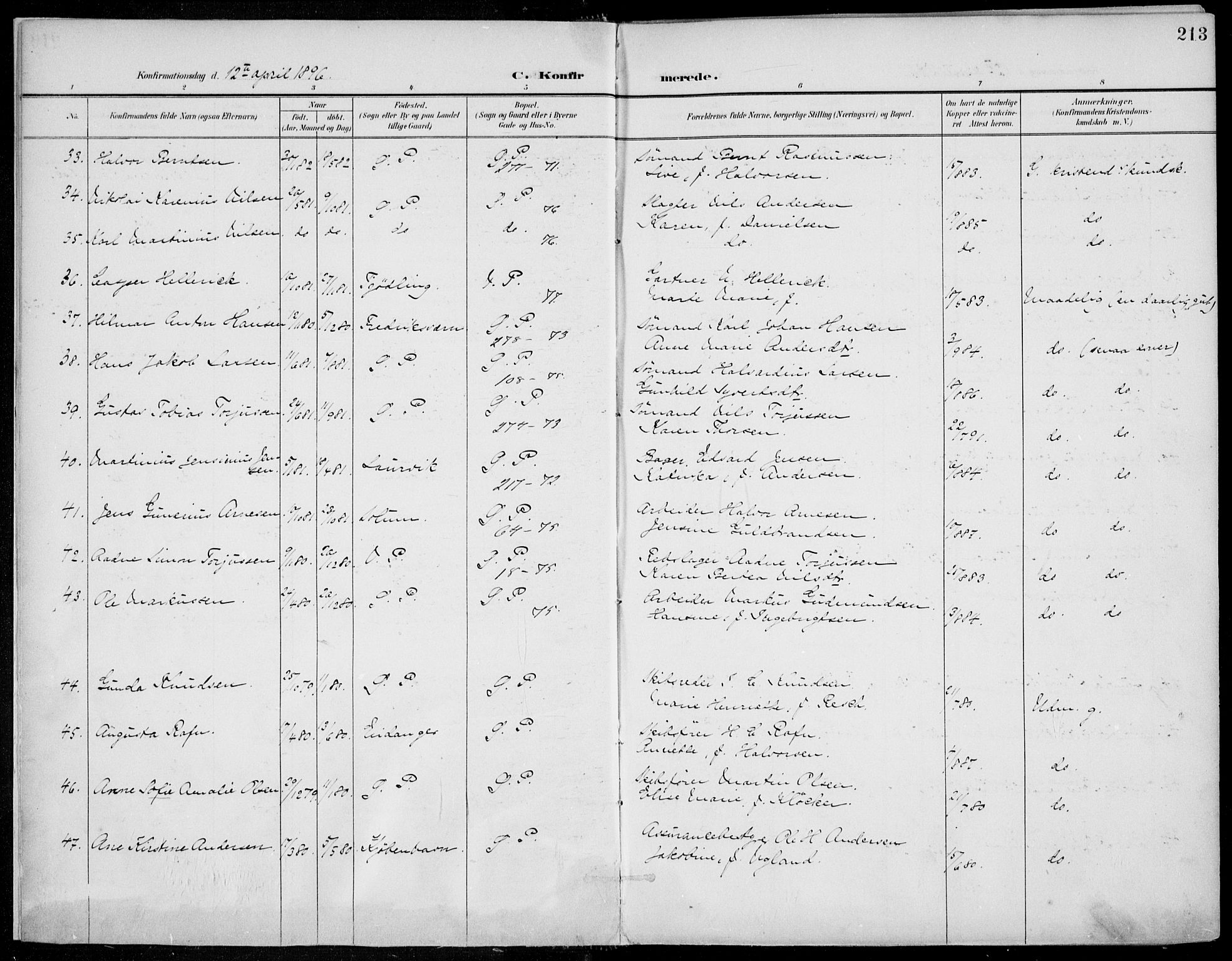 Porsgrunn kirkebøker , SAKO/A-104/F/Fa/L0011: Parish register (official) no. 11, 1895-1919, p. 213