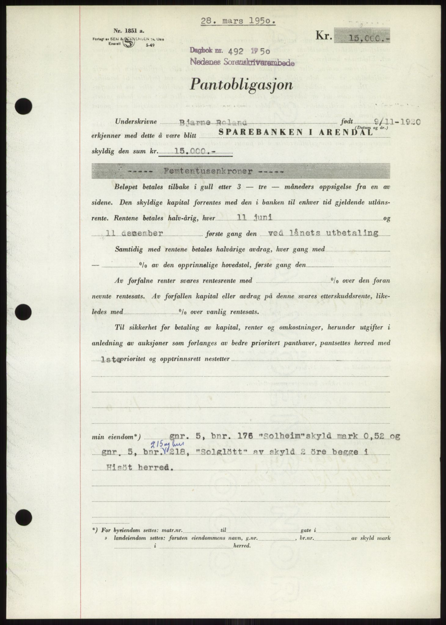 Nedenes sorenskriveri, AV/SAK-1221-0006/G/Gb/Gbb/L0007: Mortgage book no. B7, 1949-1950, Diary no: : 492/1950