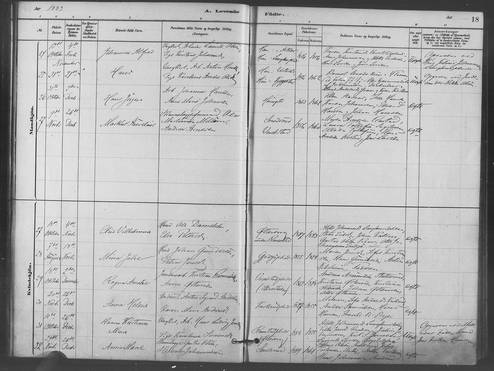 Kråkstad prestekontor Kirkebøker, SAO/A-10125a/F/Fb/L0001: Parish register (official) no. II 1, 1880-1892, p. 18