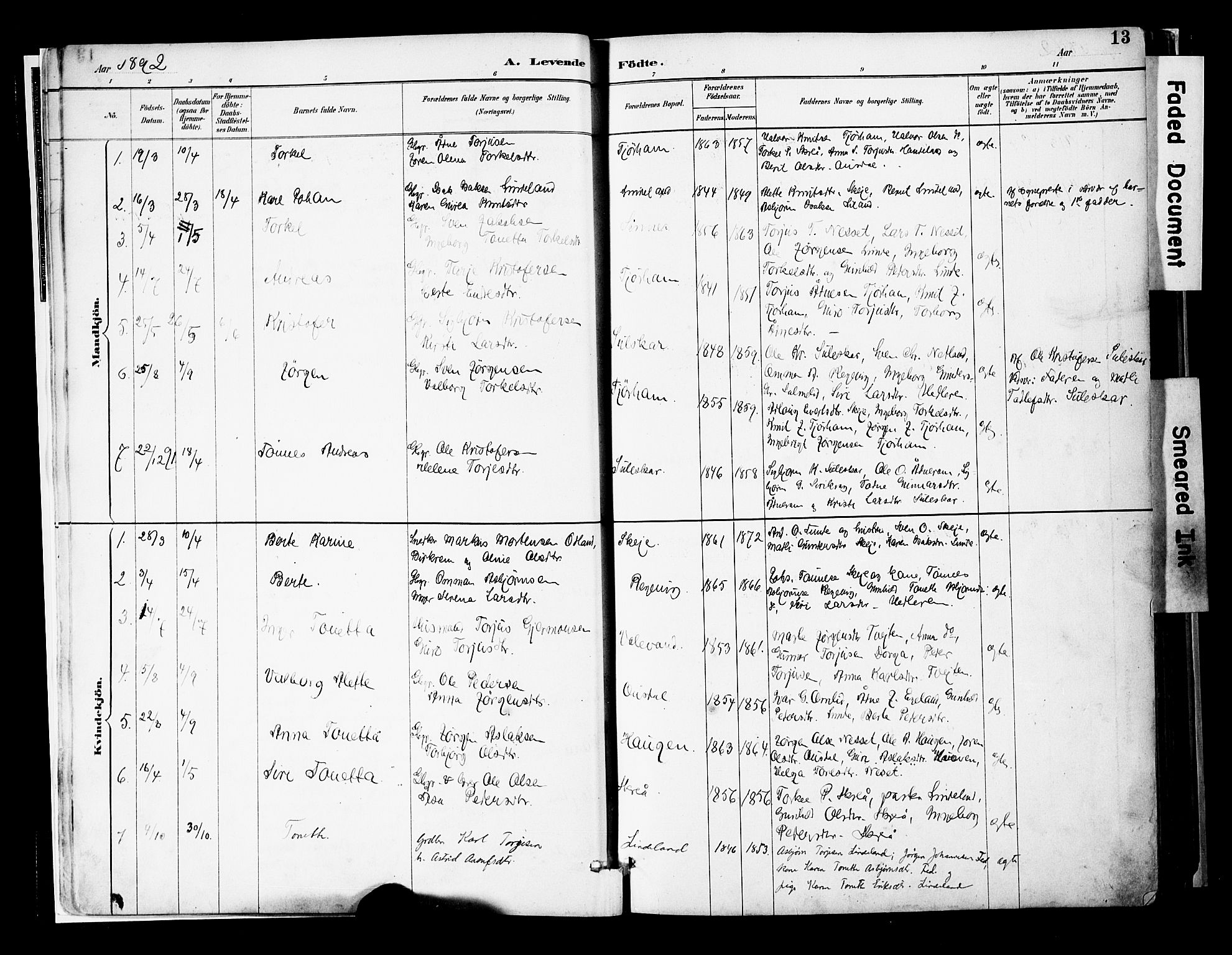 Sirdal sokneprestkontor, AV/SAK-1111-0036/F/Fa/Faa/L0001: Parish register (official) no. A 1, 1887-1910, p. 13