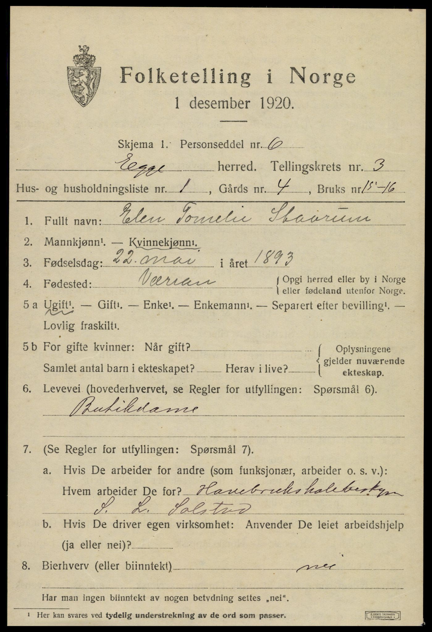 SAT, 1920 census for Egge, 1920, p. 1868