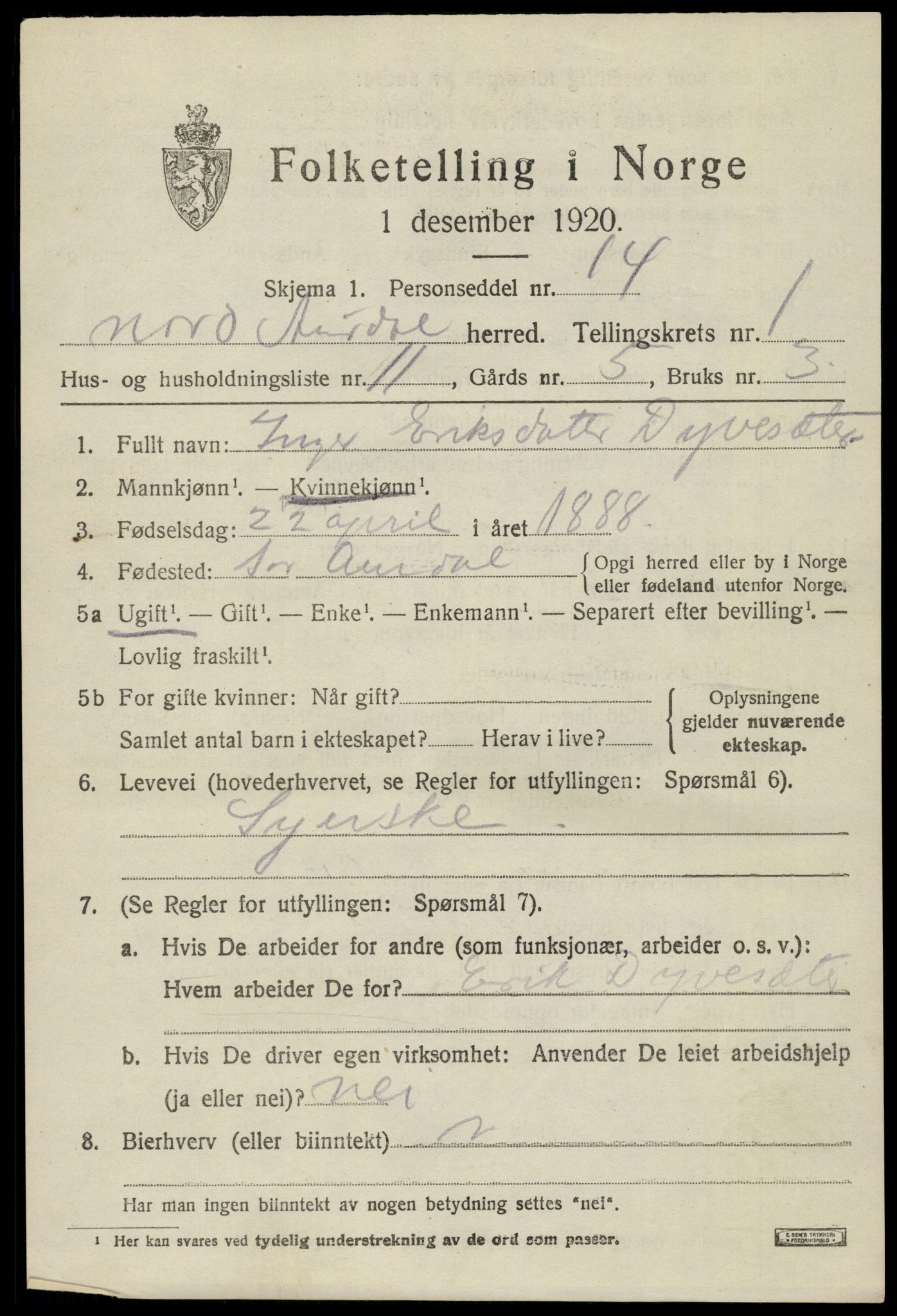 SAH, 1920 census for Nord-Aurdal, 1920, p. 2018
