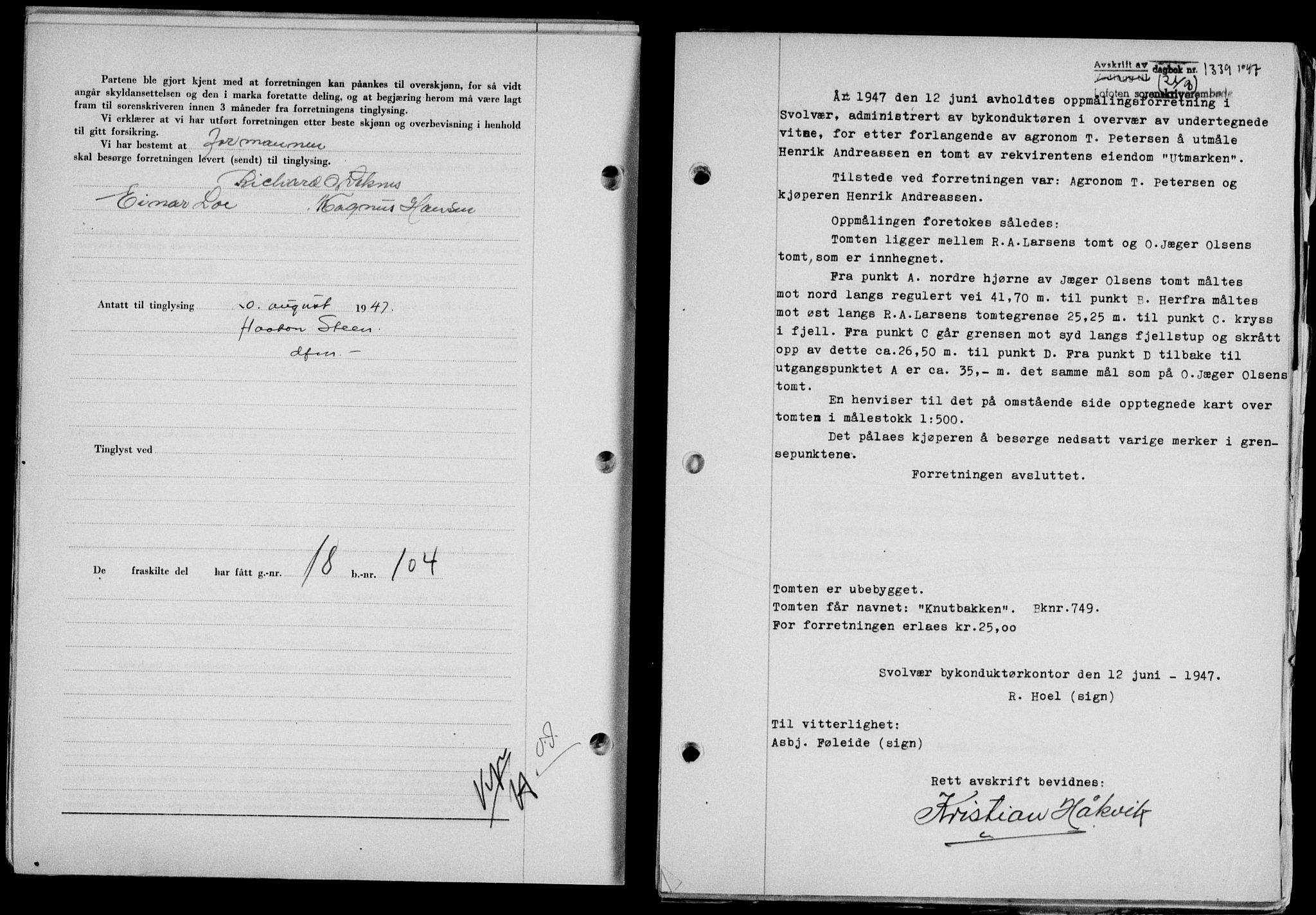 Lofoten sorenskriveri, SAT/A-0017/1/2/2C/L0016a: Mortgage book no. 16a, 1947-1947, Diary no: : 1339/1947
