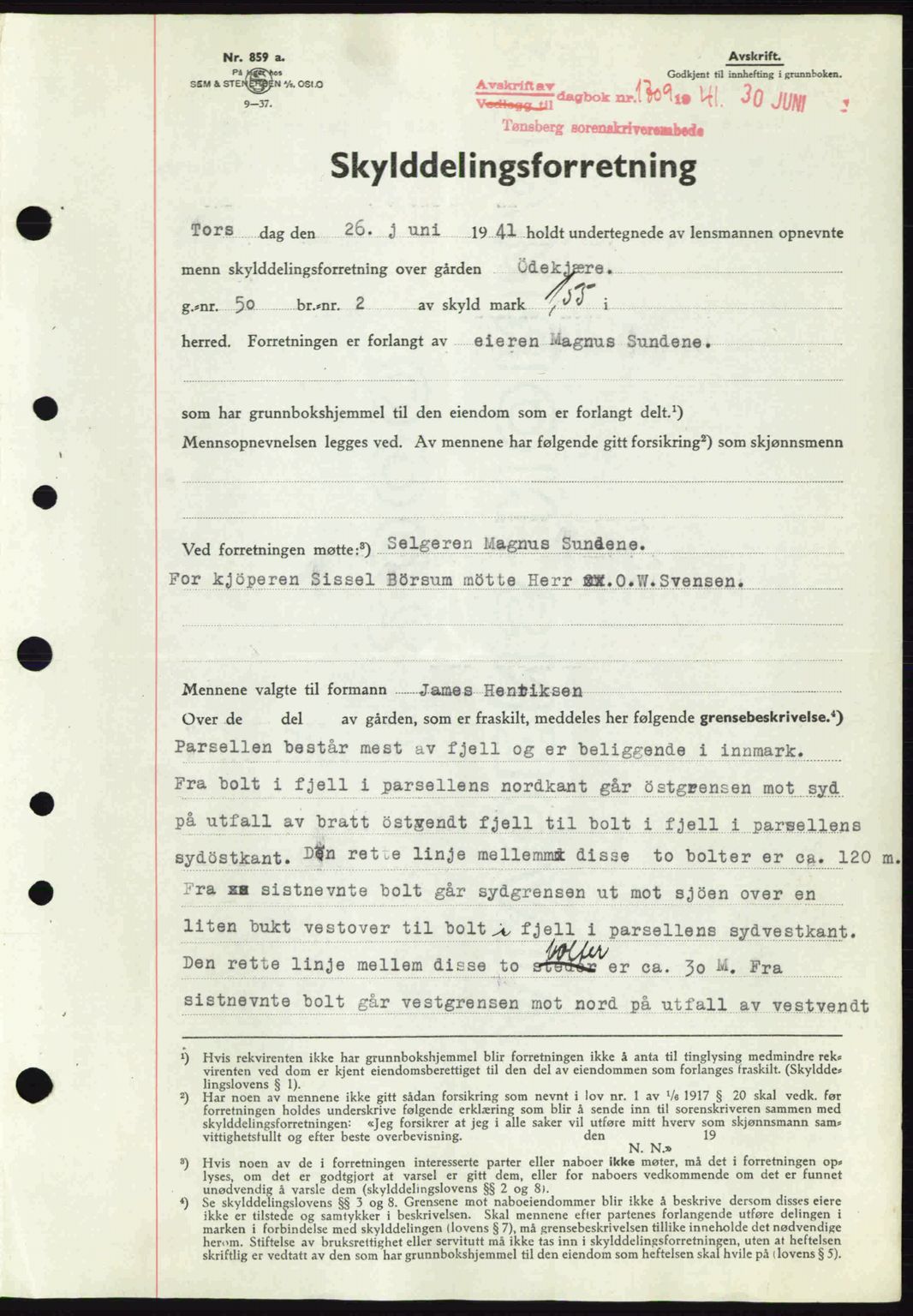 Tønsberg sorenskriveri, AV/SAKO-A-130/G/Ga/Gaa/L0010: Mortgage book no. A10, 1941-1941, Diary no: : 1709/1941