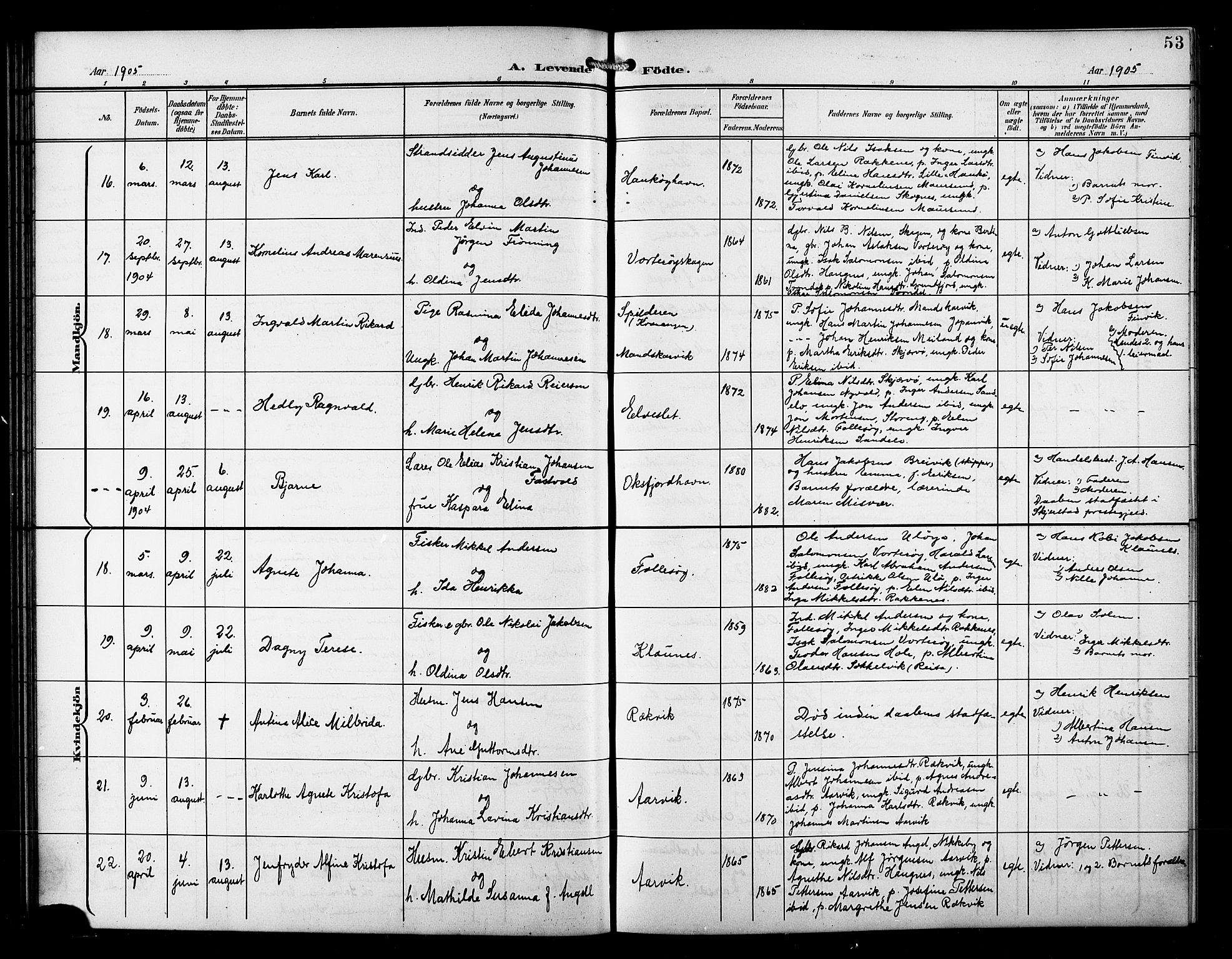 Skjervøy sokneprestkontor, AV/SATØ-S-1300/H/Ha/Hab/L0008klokker: Parish register (copy) no. 8, 1900-1910, p. 53