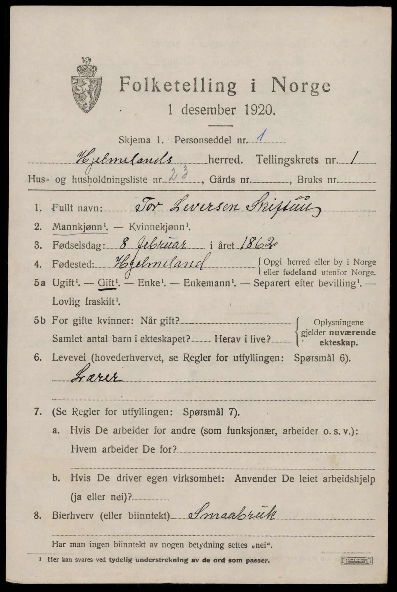 SAST, 1920 census for Hjelmeland, 1920, p. 1069