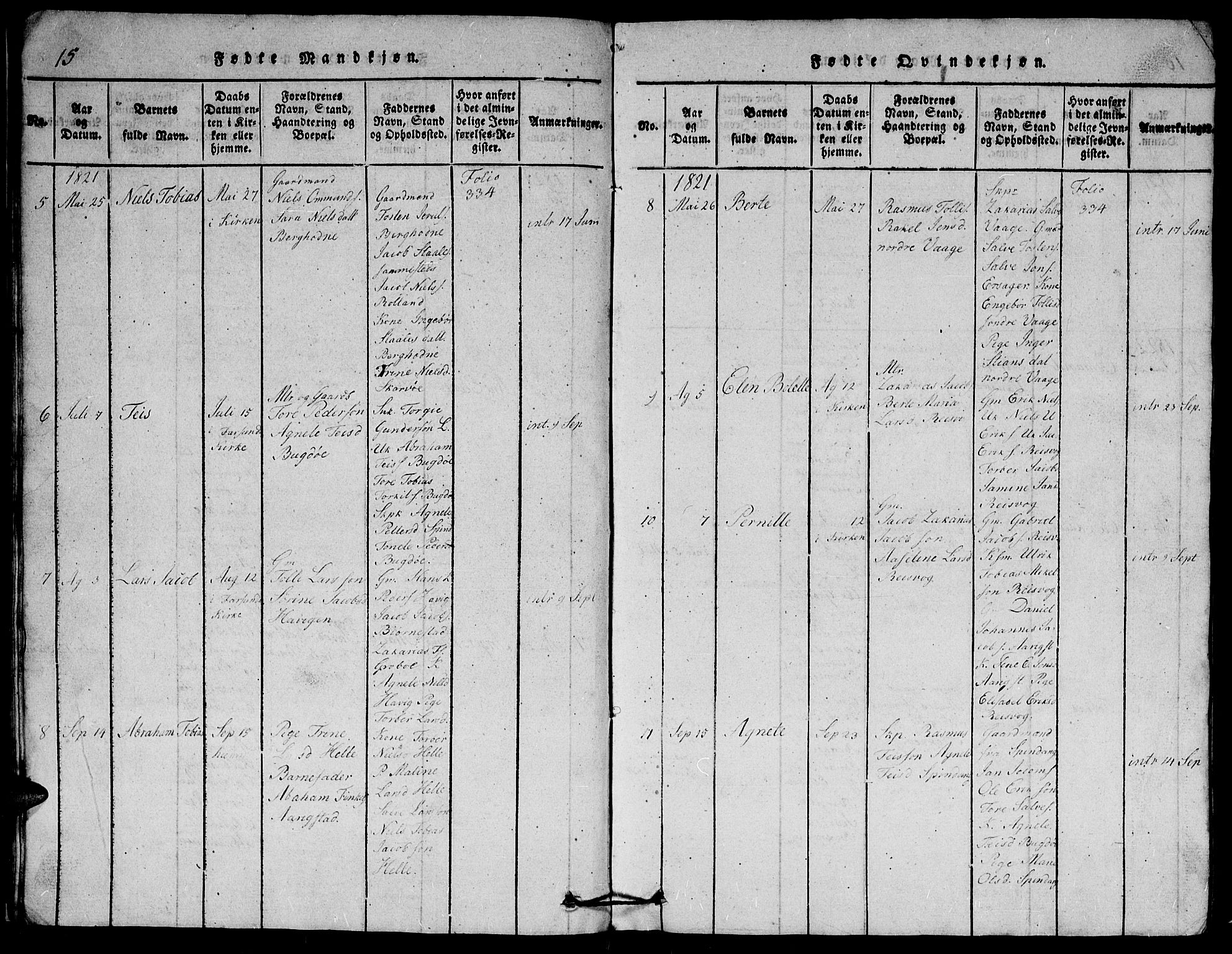 Herad sokneprestkontor, AV/SAK-1111-0018/F/Fb/Fbb/L0001: Parish register (copy) no. B 1, 1815-1852, p. 15