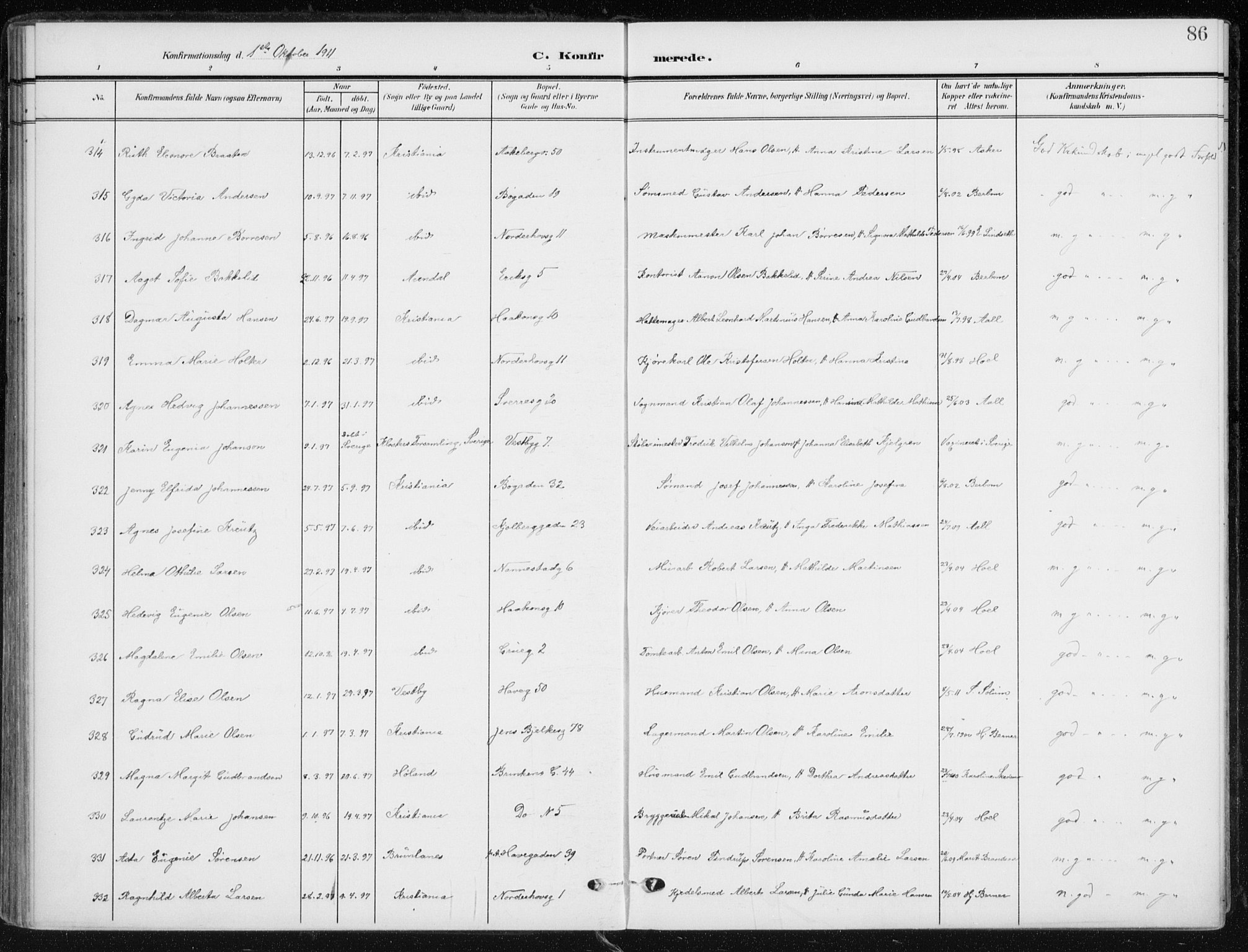 Kampen prestekontor Kirkebøker, AV/SAO-A-10853/F/Fa/L0011: Parish register (official) no. I 11, 1907-1917, p. 86