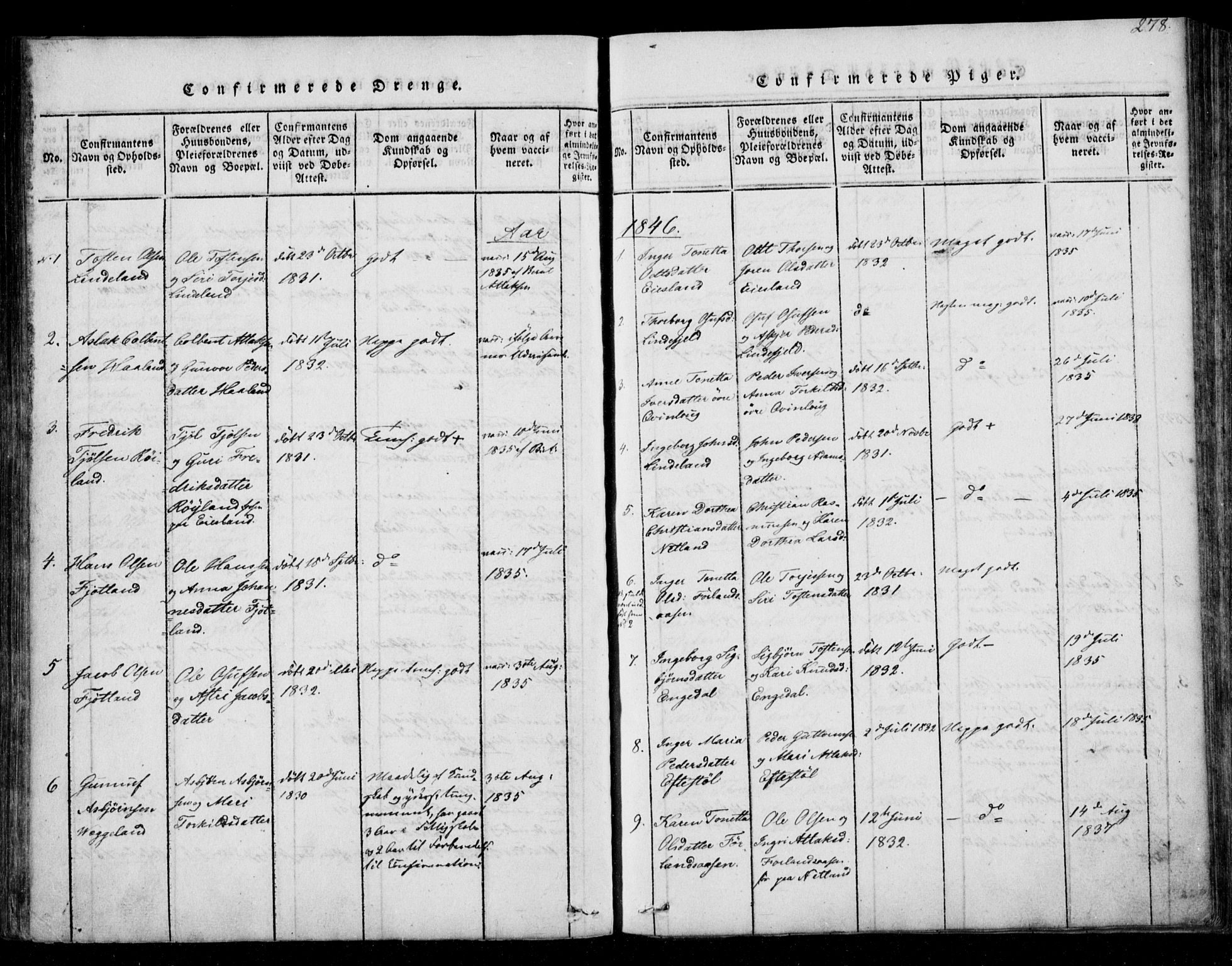 Fjotland sokneprestkontor, AV/SAK-1111-0010/F/Fb/L0001: Parish register (copy) no. B 1, 1816-1849, p. 278