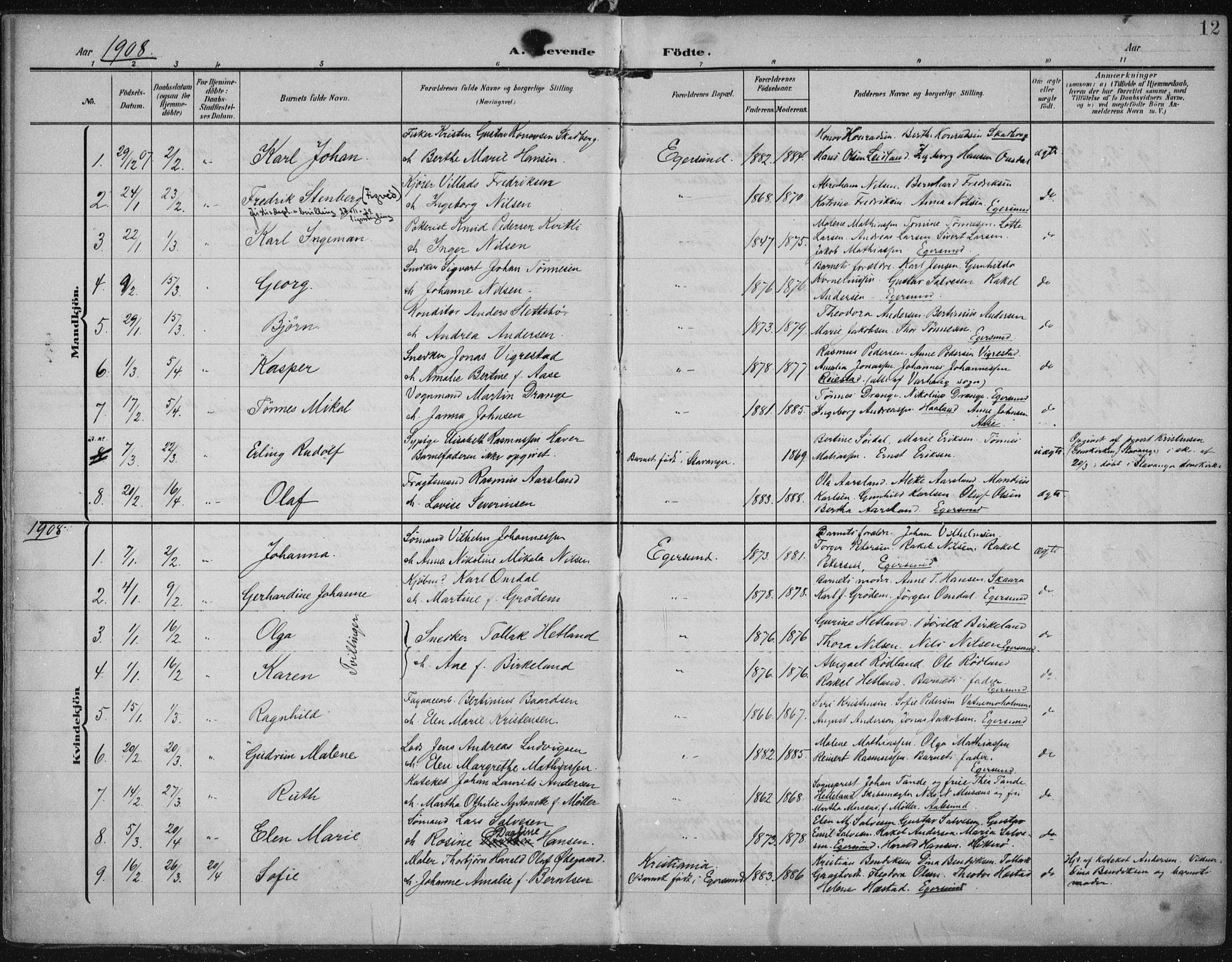 Eigersund sokneprestkontor, SAST/A-101807/S08/L0022: Parish register (official) no. A 21, 1905-1928, p. 12