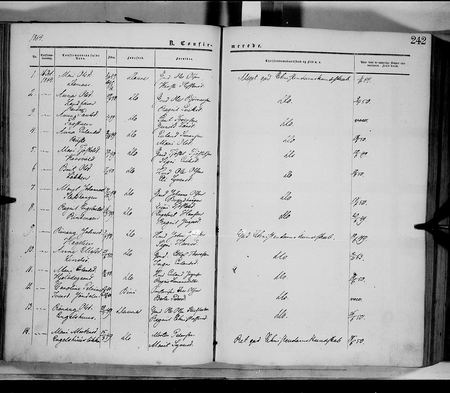 Dovre prestekontor, AV/SAH-PREST-066/H/Ha/Haa/L0001: Parish register (official) no. 1, 1854-1878, p. 242