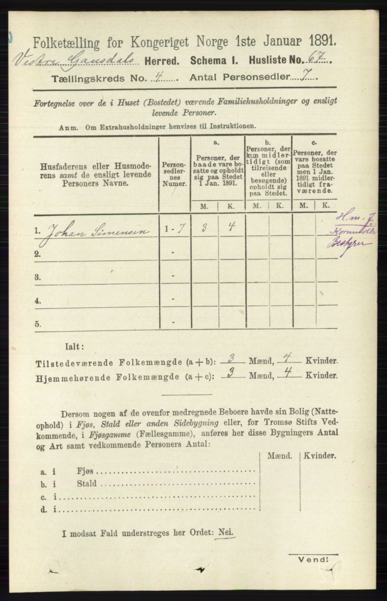 RA, 1891 census for 0523 Vestre Gausdal, 1891, p. 1706