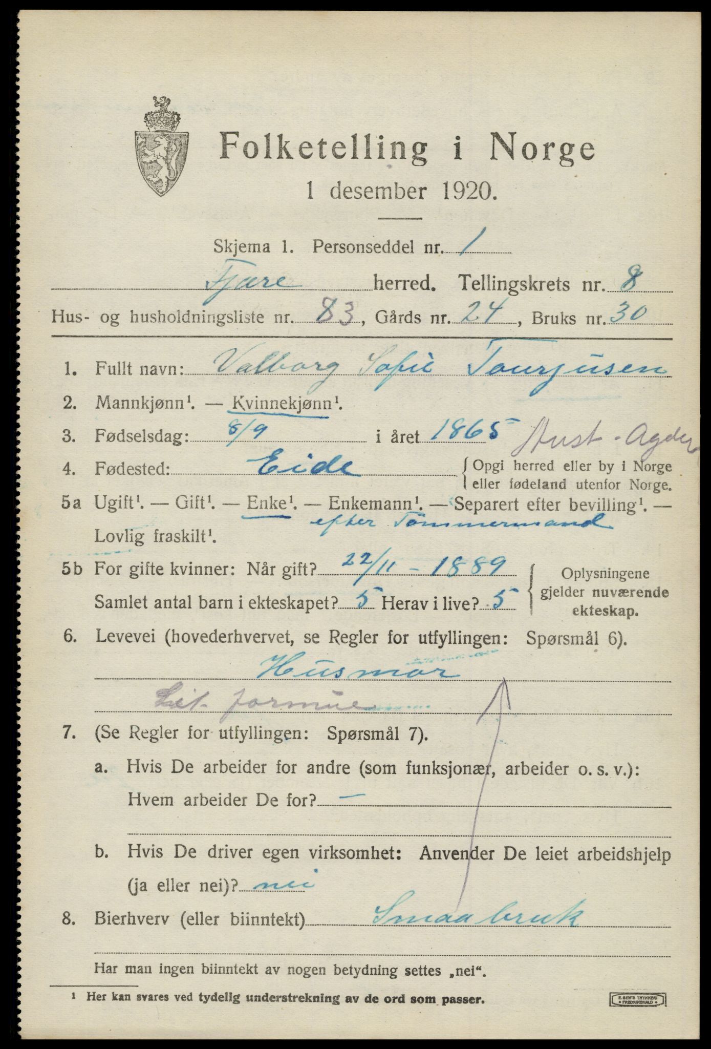 SAK, 1920 census for Fjære, 1920, p. 11083