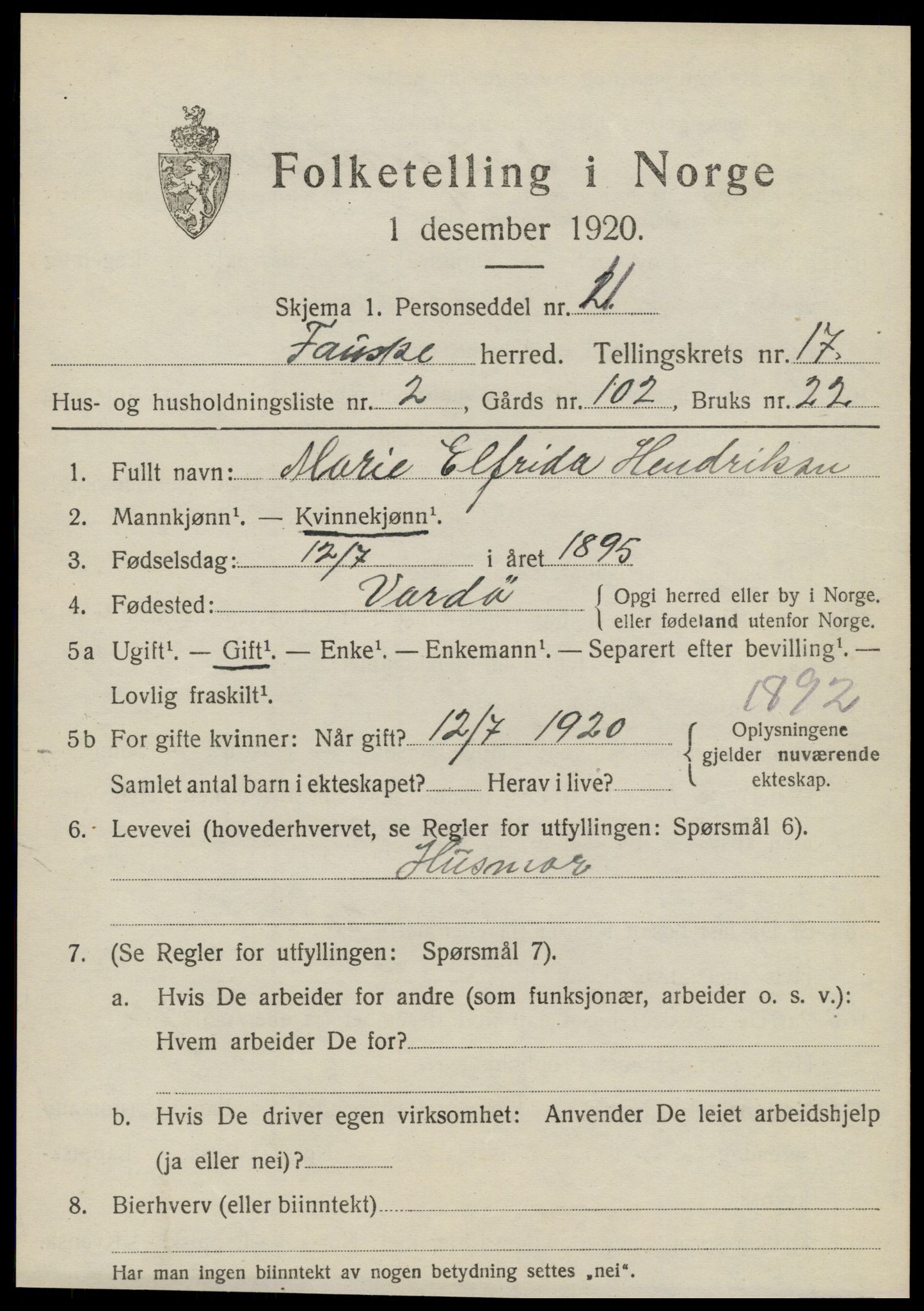 SAT, 1920 census for Fauske, 1920, p. 10458