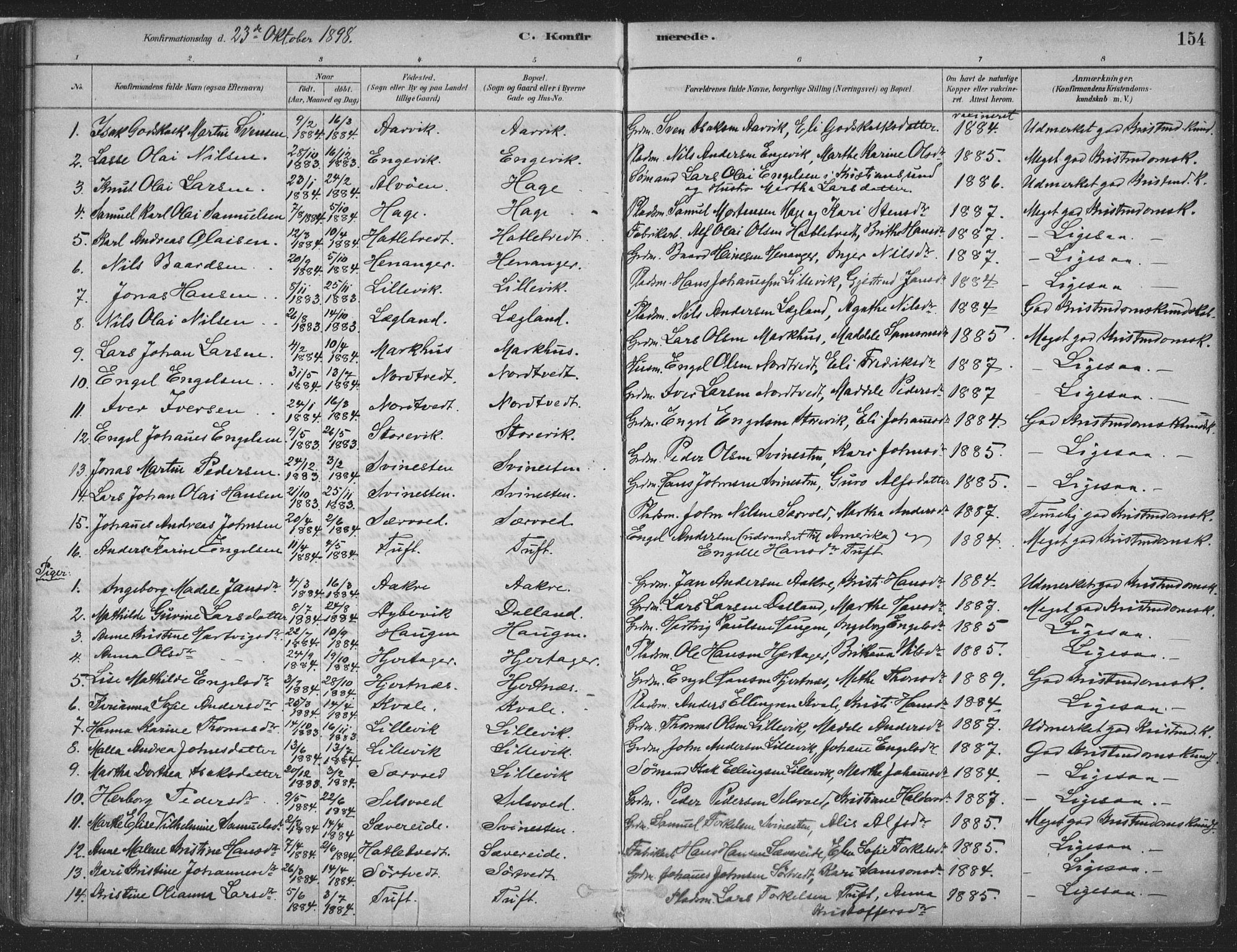 Fusa sokneprestembete, SAB/A-75401/H/Haa: Parish register (official) no. D 1, 1880-1938, p. 154