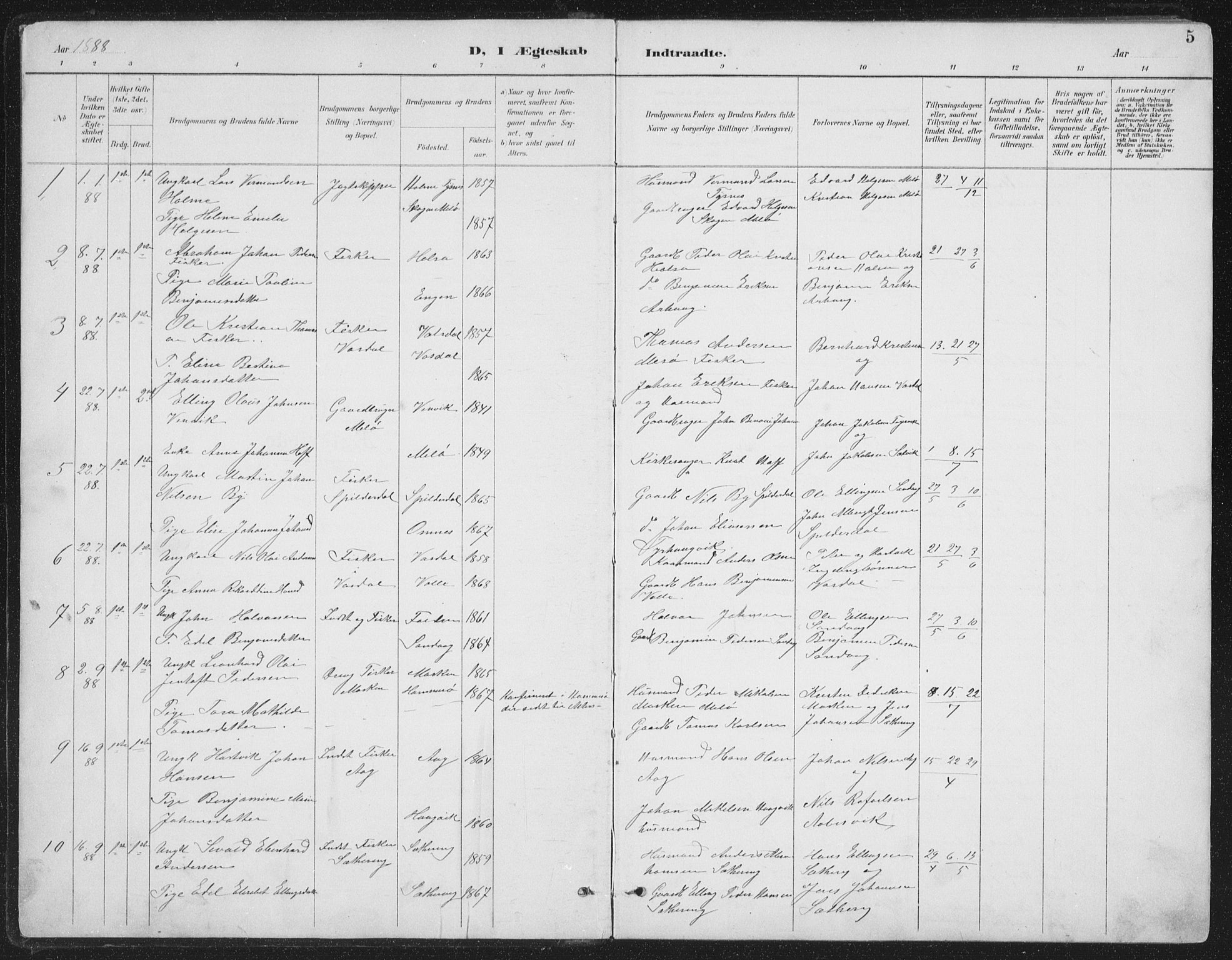 Ministerialprotokoller, klokkerbøker og fødselsregistre - Nordland, AV/SAT-A-1459/843/L0638: Parish register (copy) no. 843C07, 1888-1907, p. 5