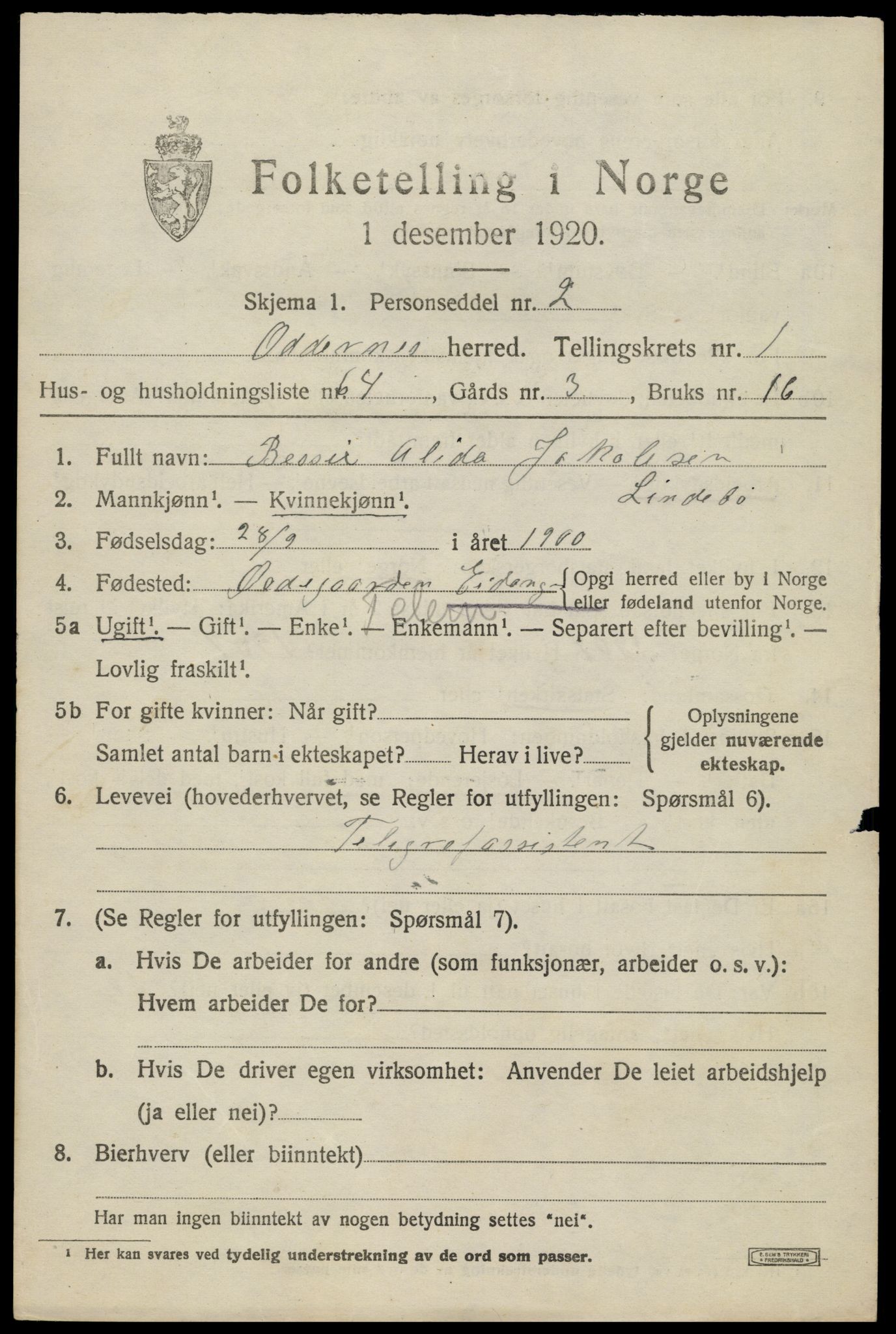 SAK, 1920 census for Oddernes, 1920, p. 2813