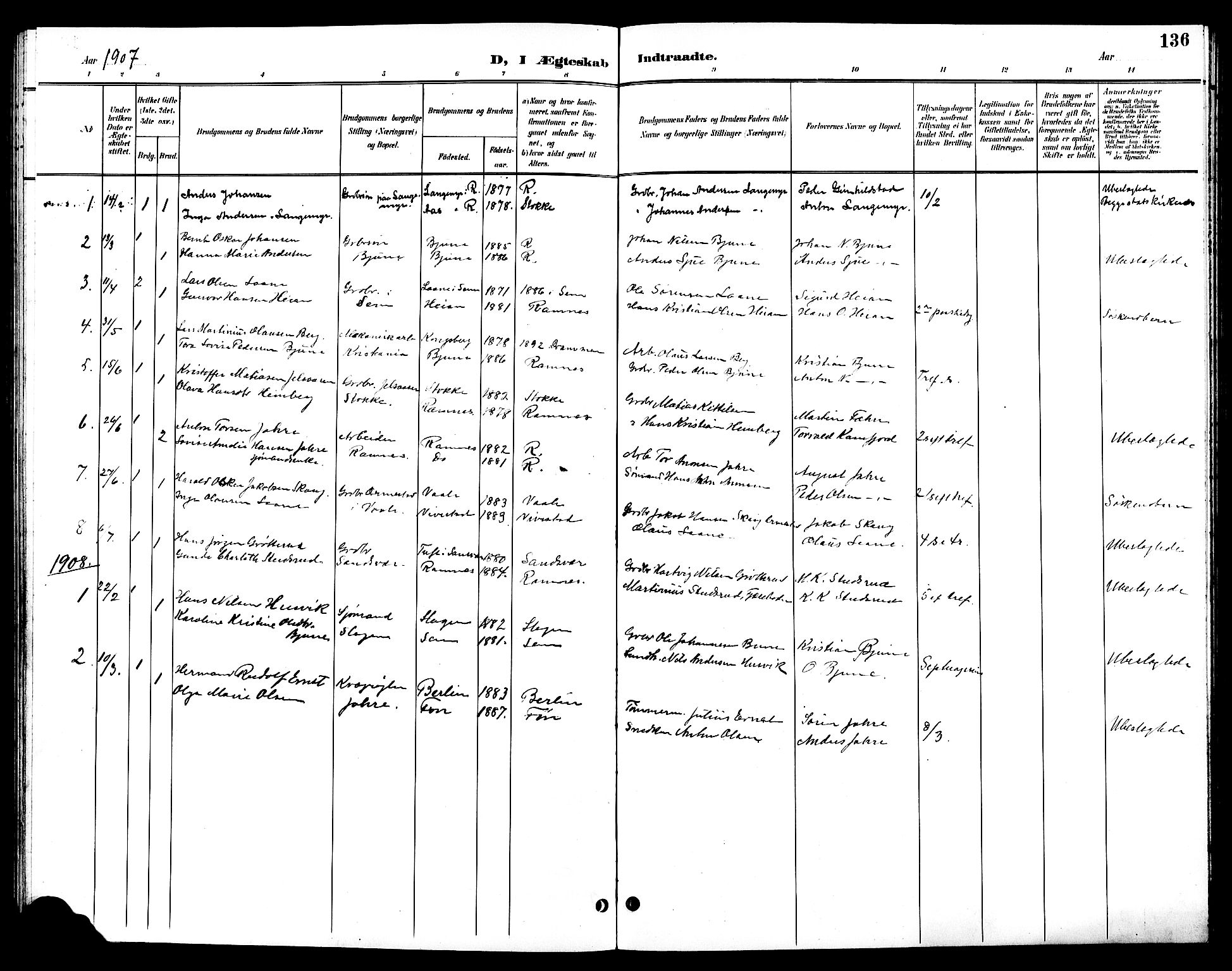 Ramnes kirkebøker, AV/SAKO-A-314/G/Ga/L0004: Parish register (copy) no. I 4, 1896-1911, p. 136