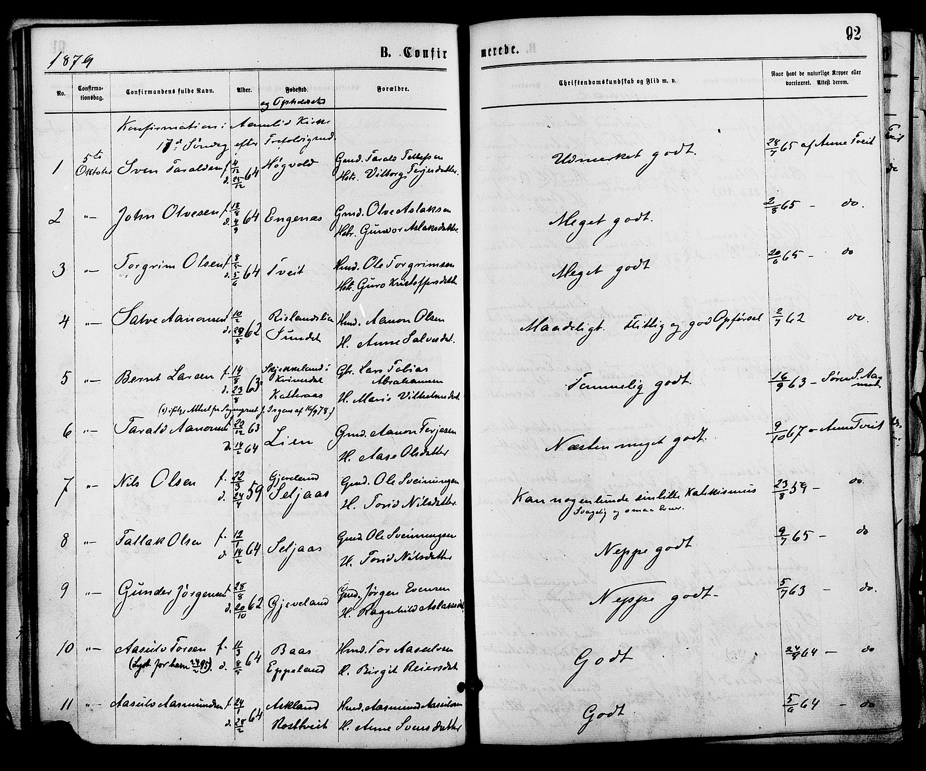 Åmli sokneprestkontor, AV/SAK-1111-0050/F/Fa/Fac/L0009: Parish register (official) no. A 9 /1, 1869-1884, p. 92