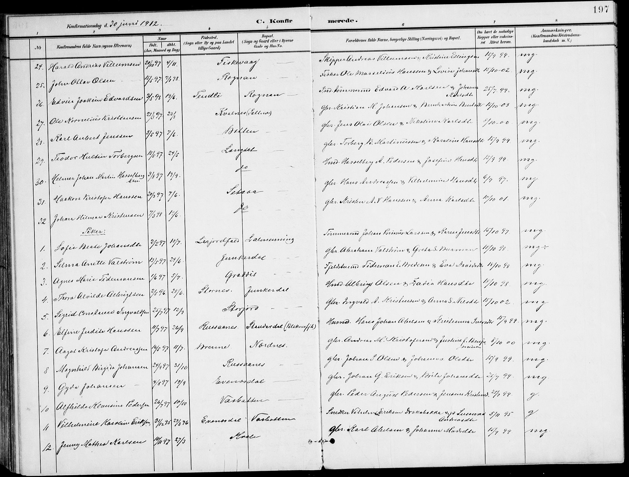 Ministerialprotokoller, klokkerbøker og fødselsregistre - Nordland, SAT/A-1459/847/L0672: Parish register (official) no. 847A12, 1902-1919, p. 197