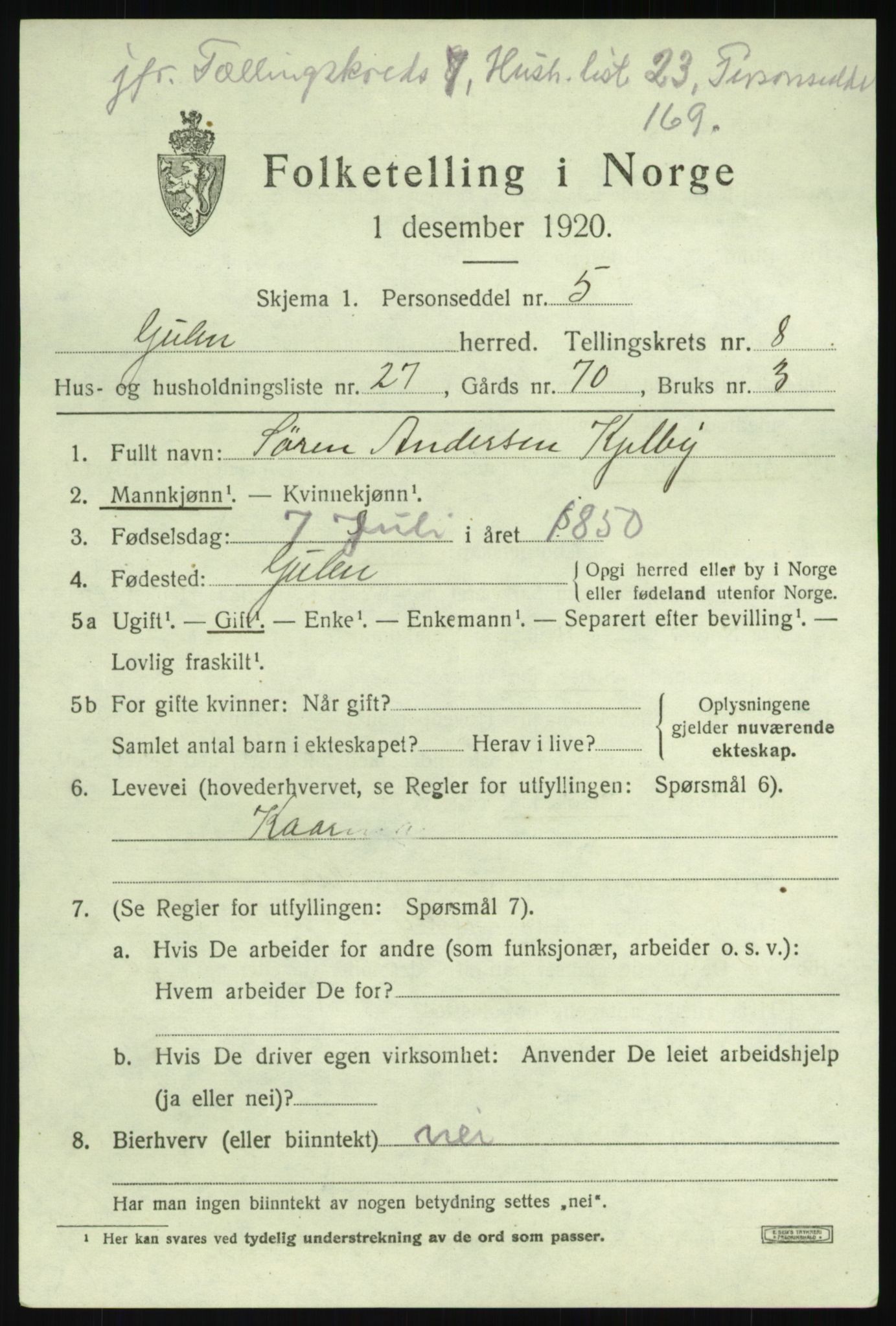 SAB, 1920 census for Gulen, 1920, p. 3865