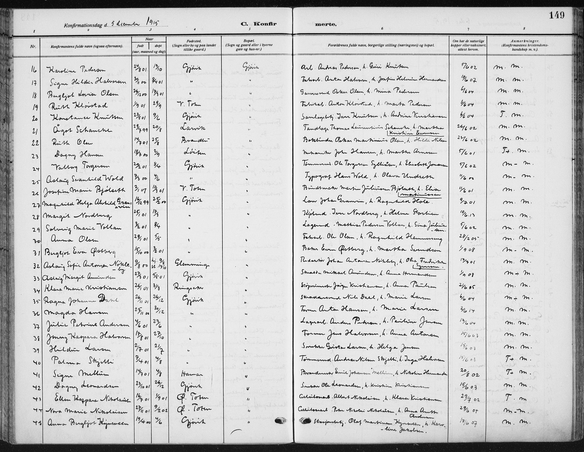 Vardal prestekontor, SAH/PREST-100/H/Ha/Haa/L0014: Parish register (official) no. 14, 1912-1922, p. 149
