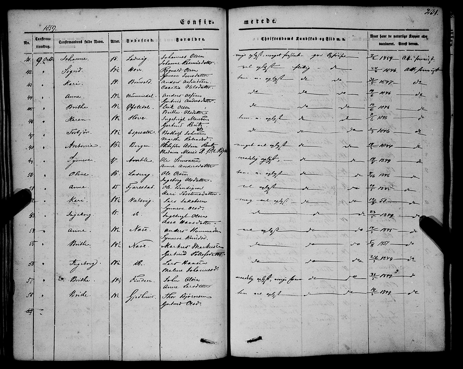 Vik sokneprestembete, AV/SAB-A-81501/H/Haa/Haaa/L0008: Parish register (official) no. A 8, 1846-1865, p. 231