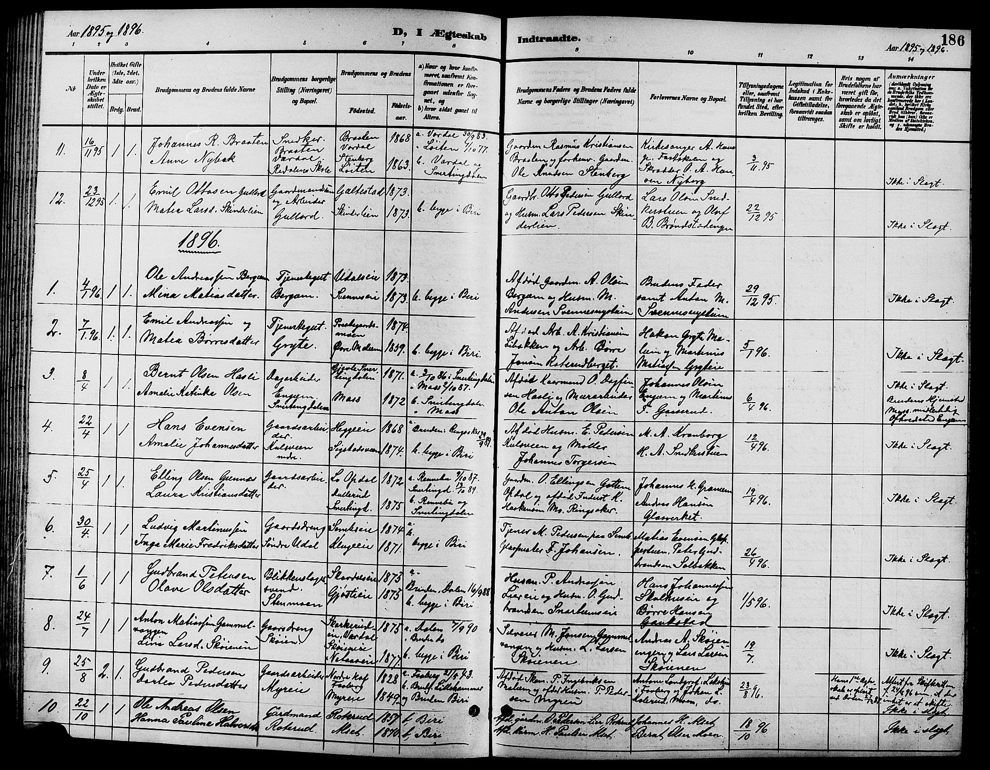 Biri prestekontor, SAH/PREST-096/H/Ha/Hab/L0004: Parish register (copy) no. 4, 1892-1909, p. 186