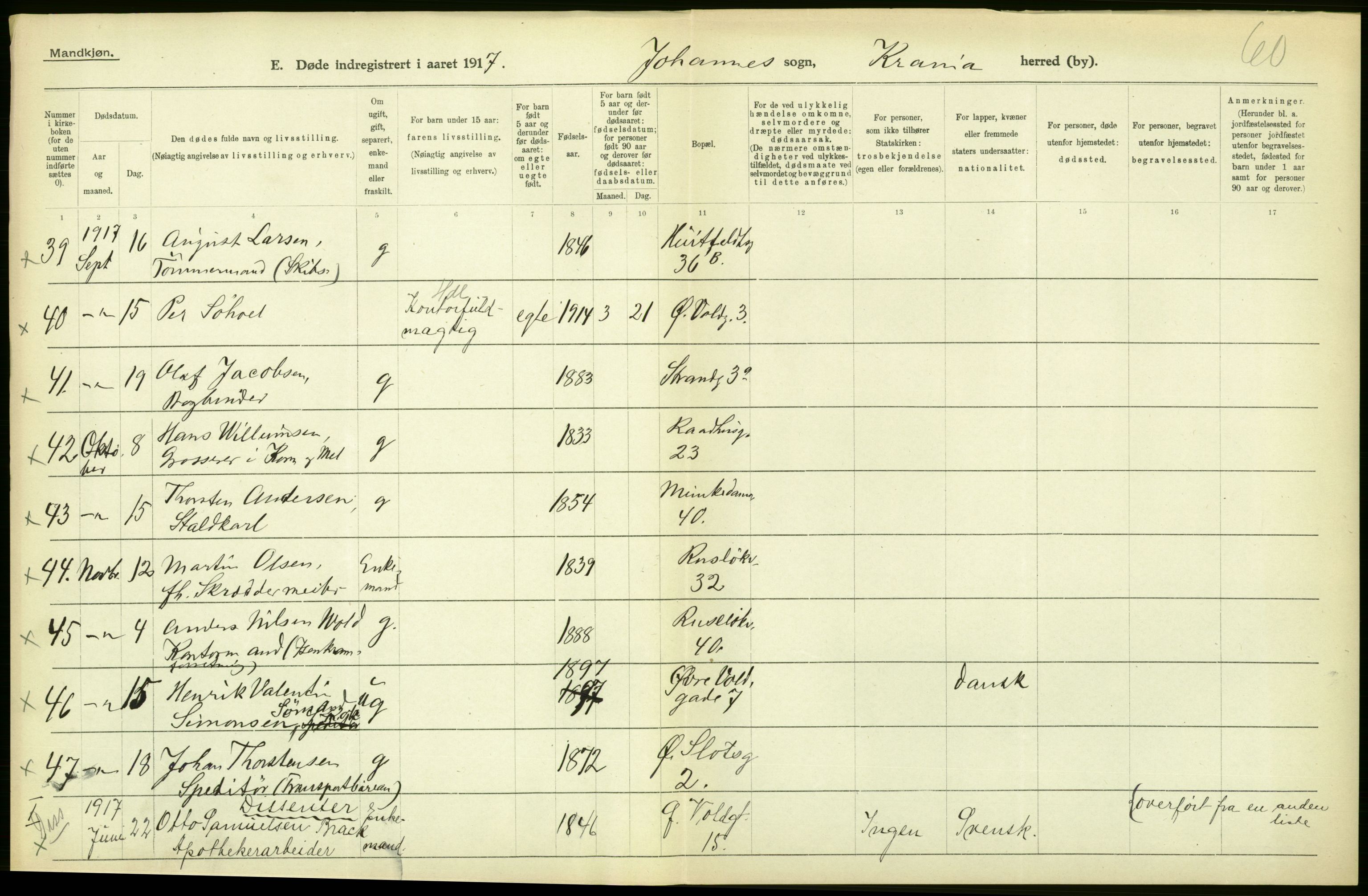 Statistisk sentralbyrå, Sosiodemografiske emner, Befolkning, AV/RA-S-2228/D/Df/Dfb/Dfbg/L0010: Kristiania: Døde, 1917, p. 502