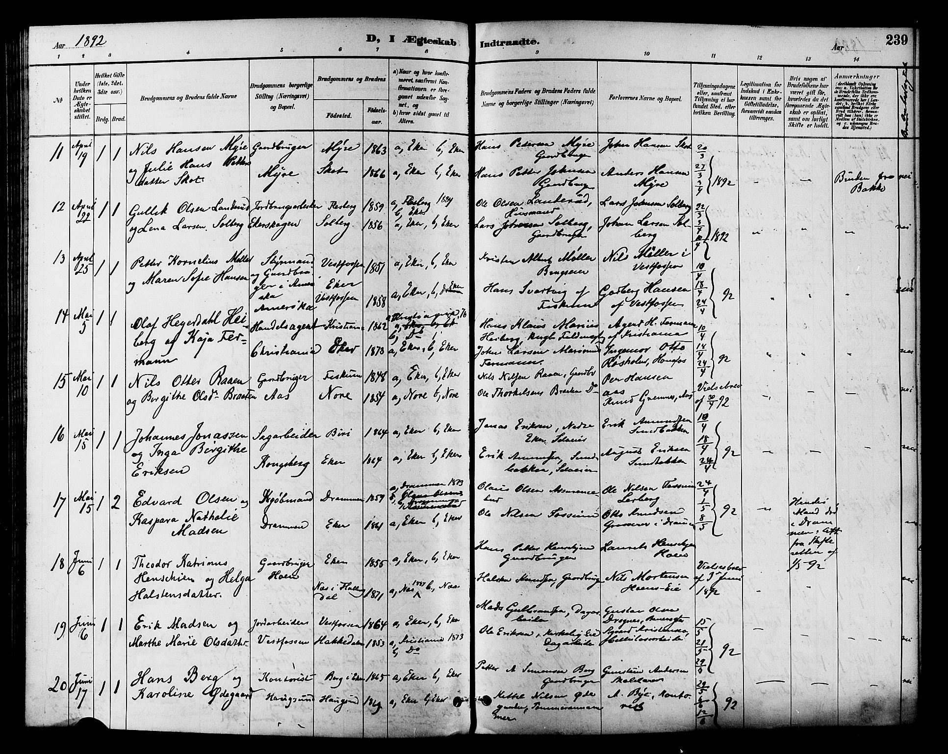 Eiker kirkebøker, AV/SAKO-A-4/F/Fb/L0002: Parish register (official) no. II 2, 1889-1896, p. 239