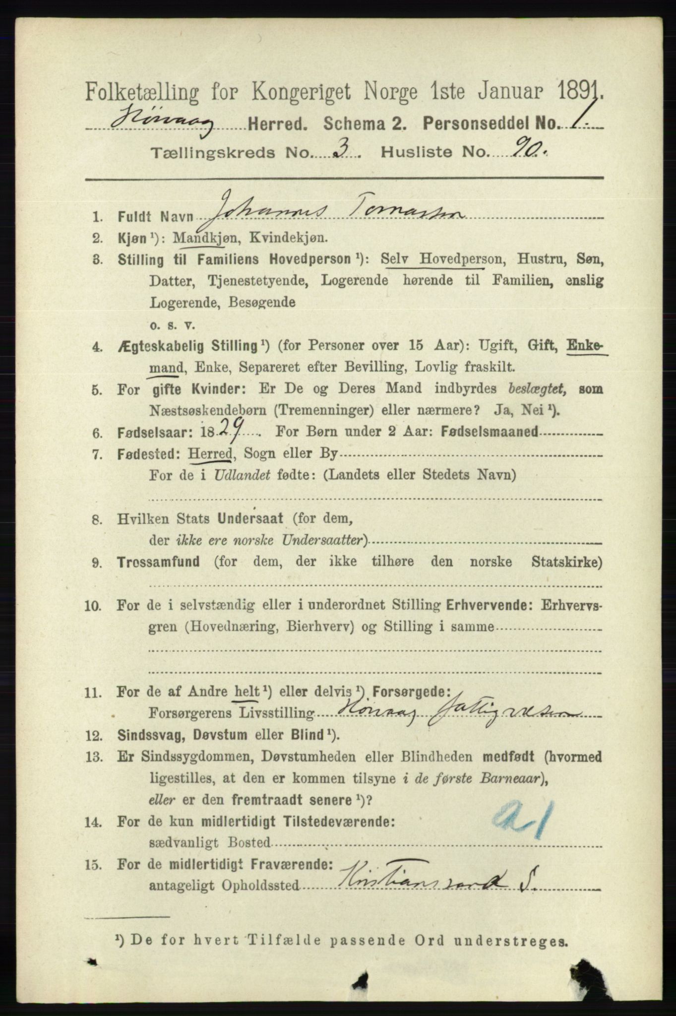 RA, 1891 census for 0927 Høvåg, 1891, p. 1452