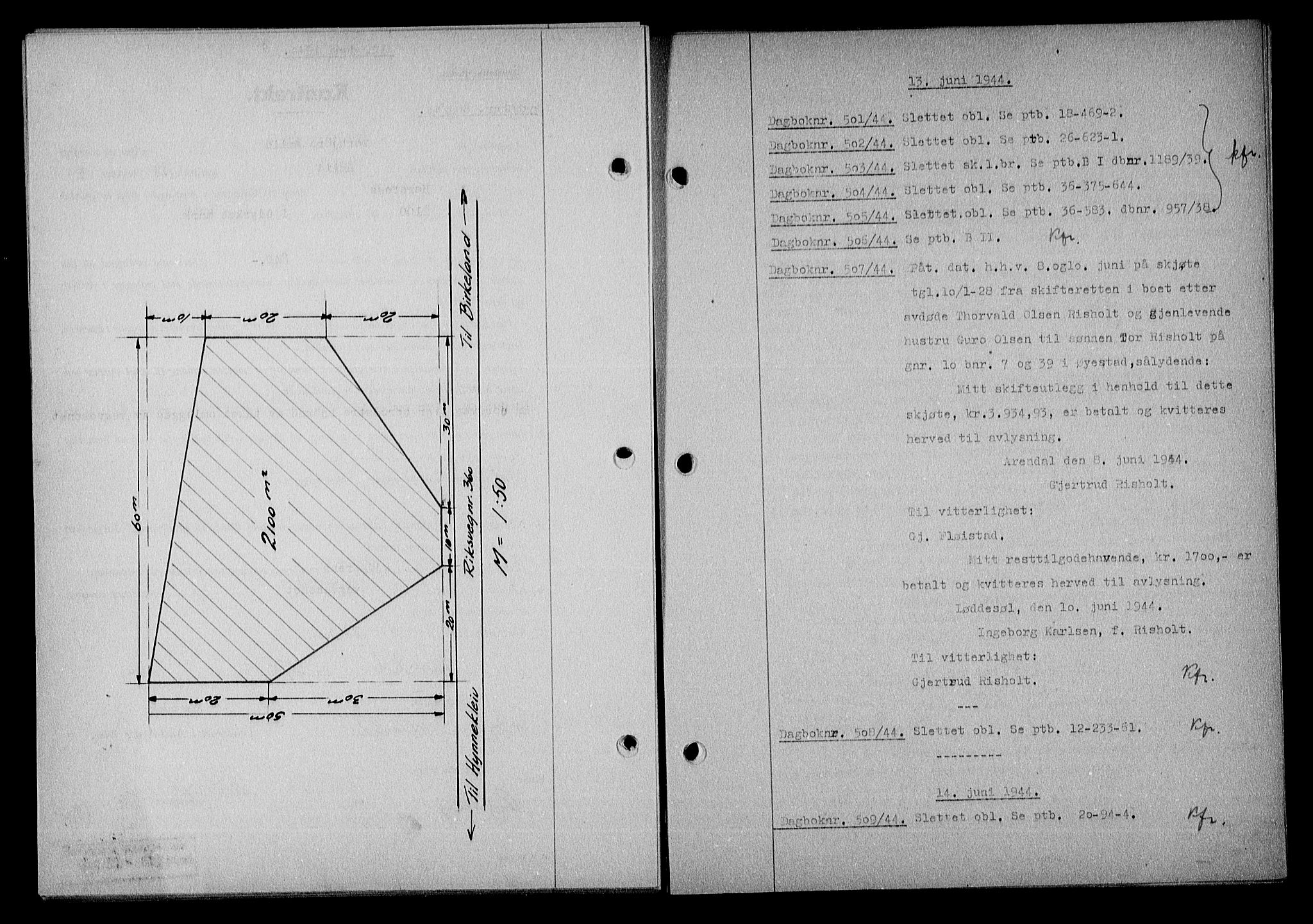 Nedenes sorenskriveri, AV/SAK-1221-0006/G/Gb/Gba/L0051: Mortgage book no. A-V, 1943-1944, Diary no: : 501/1944