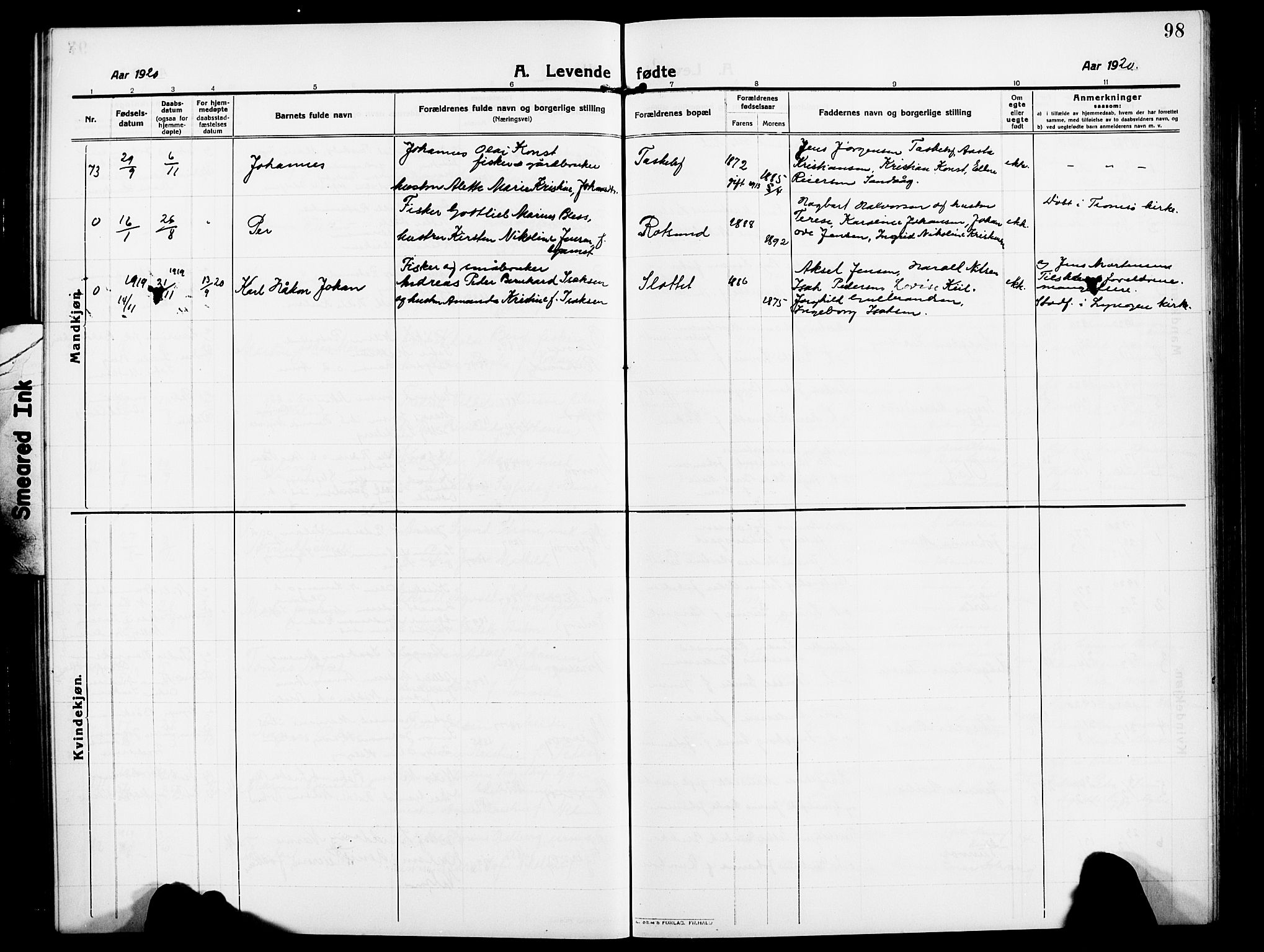 Skjervøy sokneprestkontor, AV/SATØ-S-1300/H/Ha/Hab/L0009klokker: Parish register (copy) no. 9, 1911-1926, p. 98