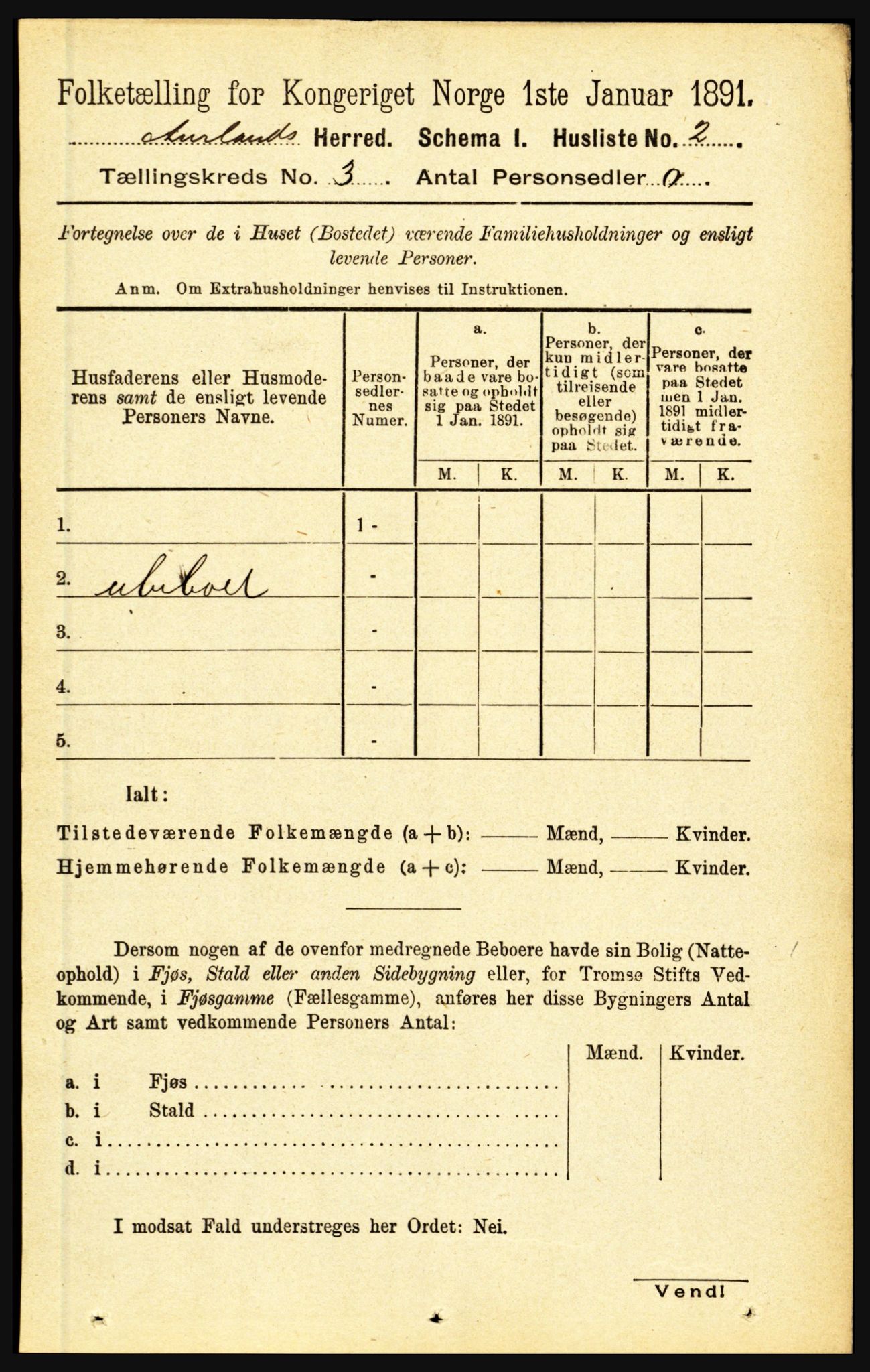 RA, 1891 census for 1421 Aurland, 1891, p. 878