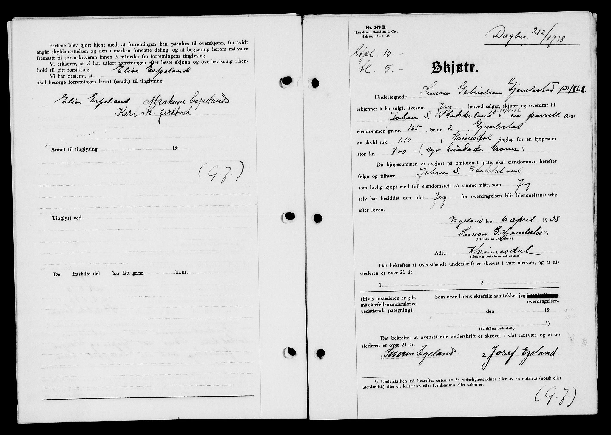 Flekkefjord sorenskriveri, SAK/1221-0001/G/Gb/Gba/L0054: Mortgage book no. A-2, 1937-1938, Diary no: : 212/1938