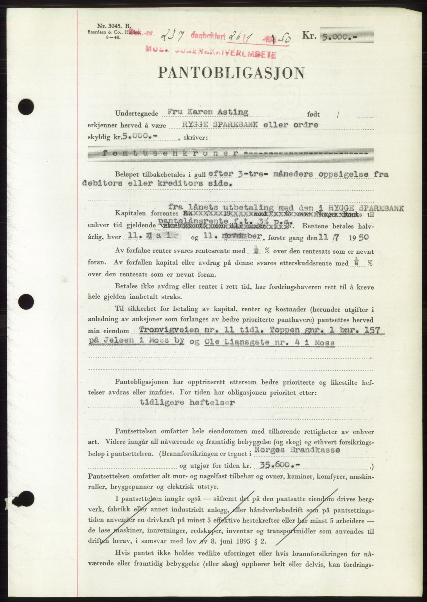 Moss sorenskriveri, SAO/A-10168: Mortgage book no. B23, 1949-1950, Diary no: : 237/1950