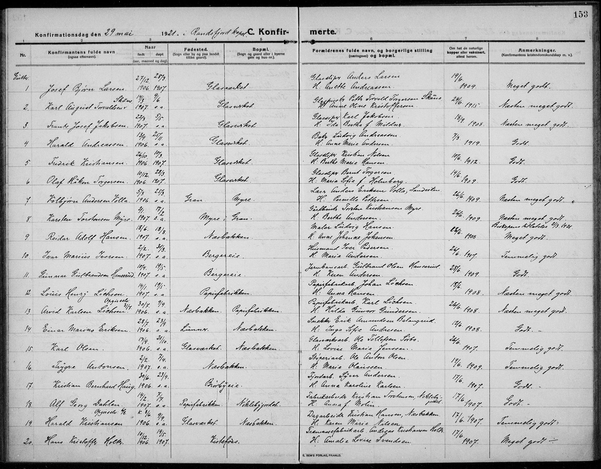 Jevnaker prestekontor, SAH/PREST-116/H/Ha/Haa/L0012: Parish register (official) no. 12, 1914-1924, p. 153