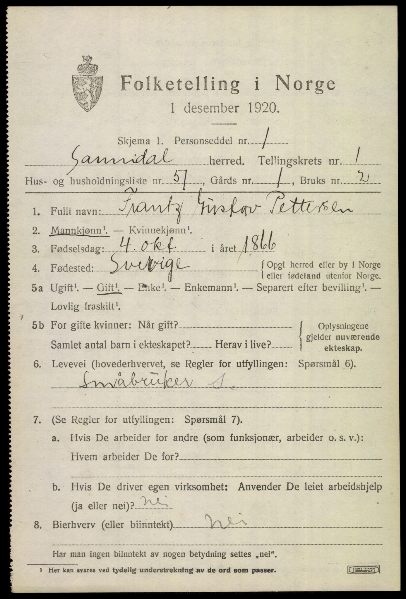 SAKO, 1920 census for Sannidal, 1920, p. 1633