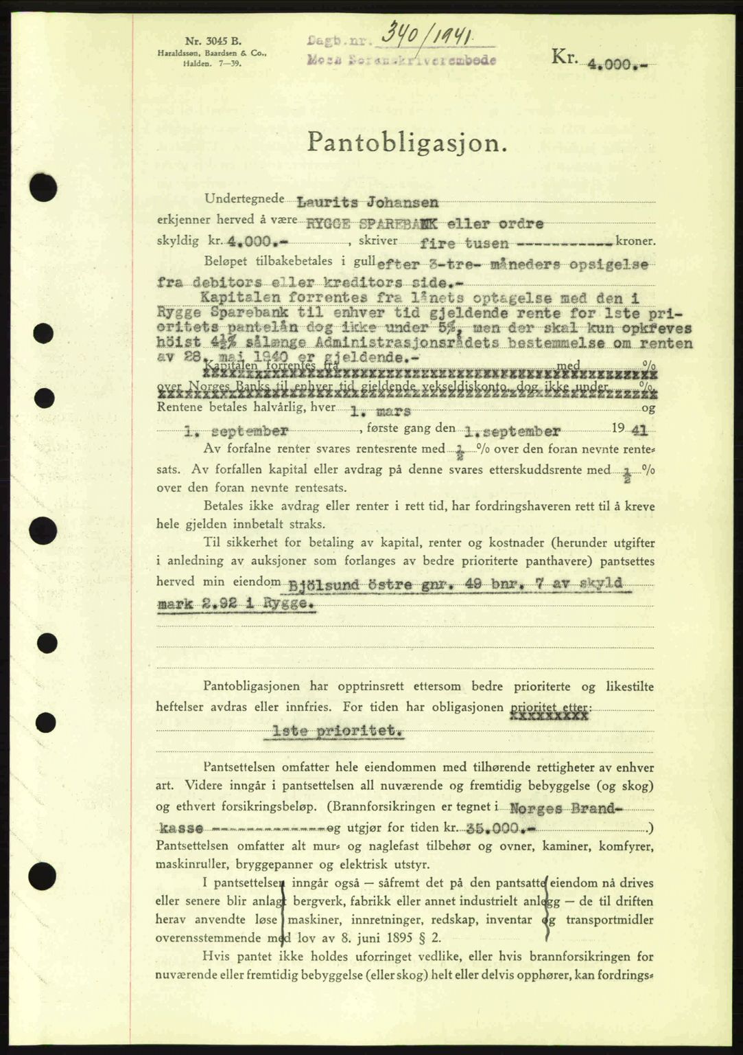 Moss sorenskriveri, SAO/A-10168: Mortgage book no. B10, 1940-1941, Diary no: : 340/1941