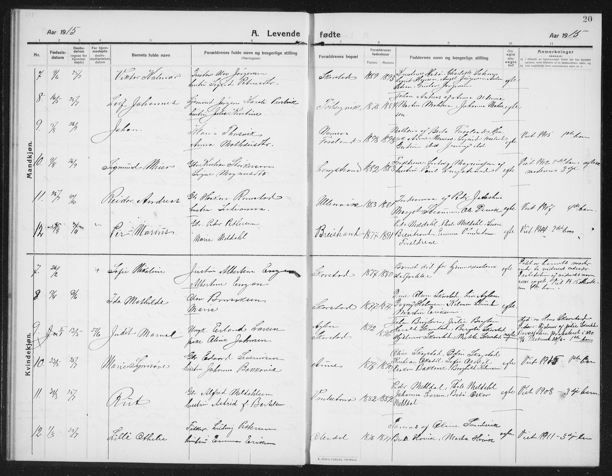Ministerialprotokoller, klokkerbøker og fødselsregistre - Nord-Trøndelag, SAT/A-1458/774/L0630: Parish register (copy) no. 774C01, 1910-1934, p. 20