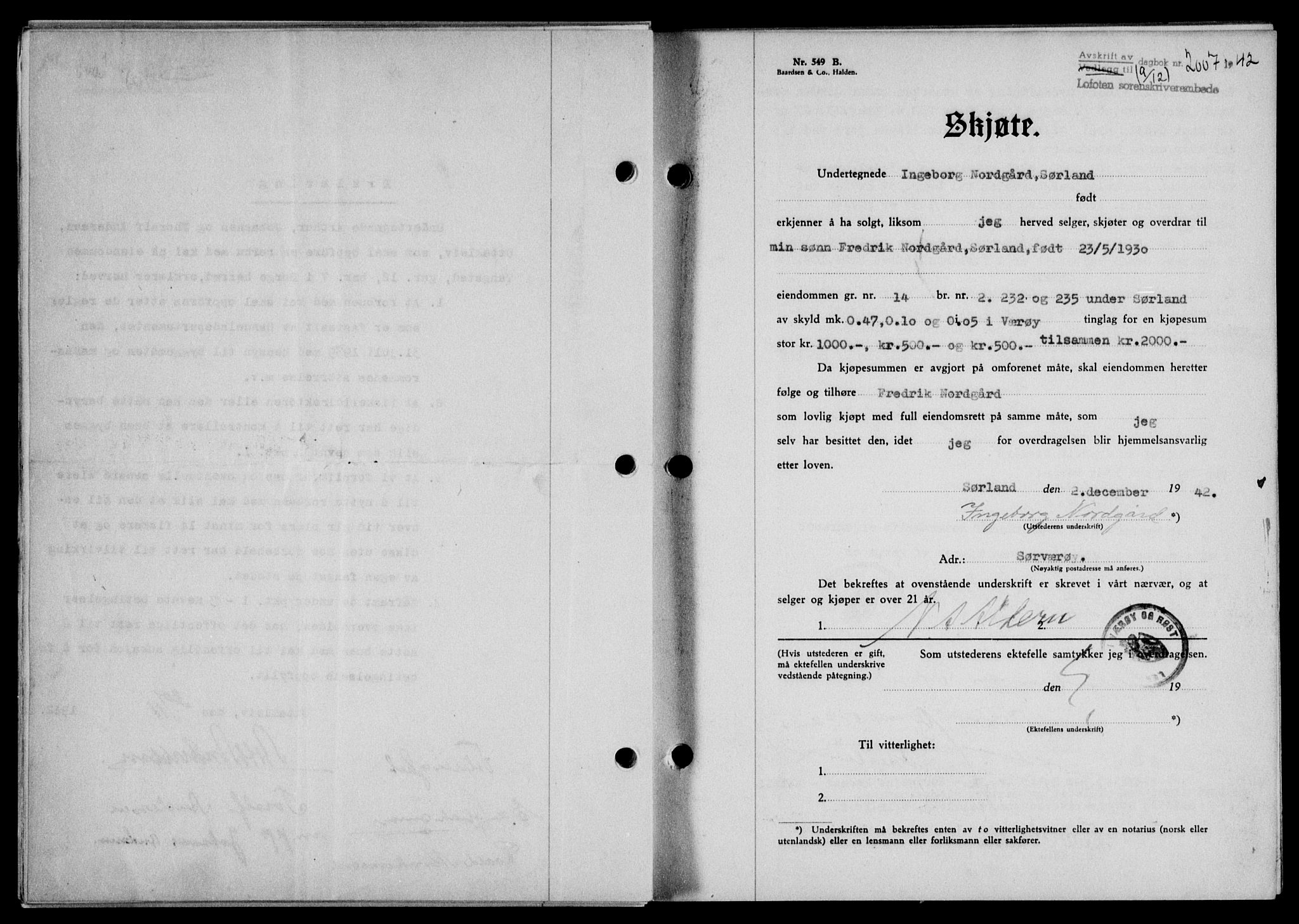 Lofoten sorenskriveri, SAT/A-0017/1/2/2C/L0010a: Mortgage book no. 10a, 1942-1943, Diary no: : 2007/1942