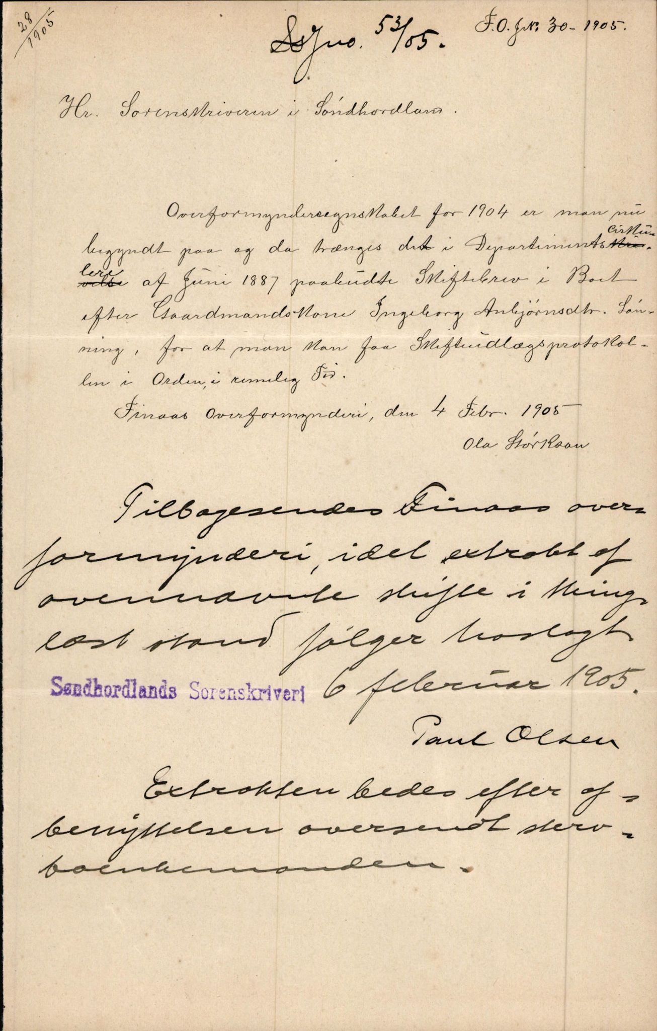 Finnaas kommune. Overformynderiet, IKAH/1218a-812/D/Da/Daa/L0002/0003: Kronologisk ordna korrespondanse / Kronologisk ordna korrespondanse, 1905-1909, p. 6