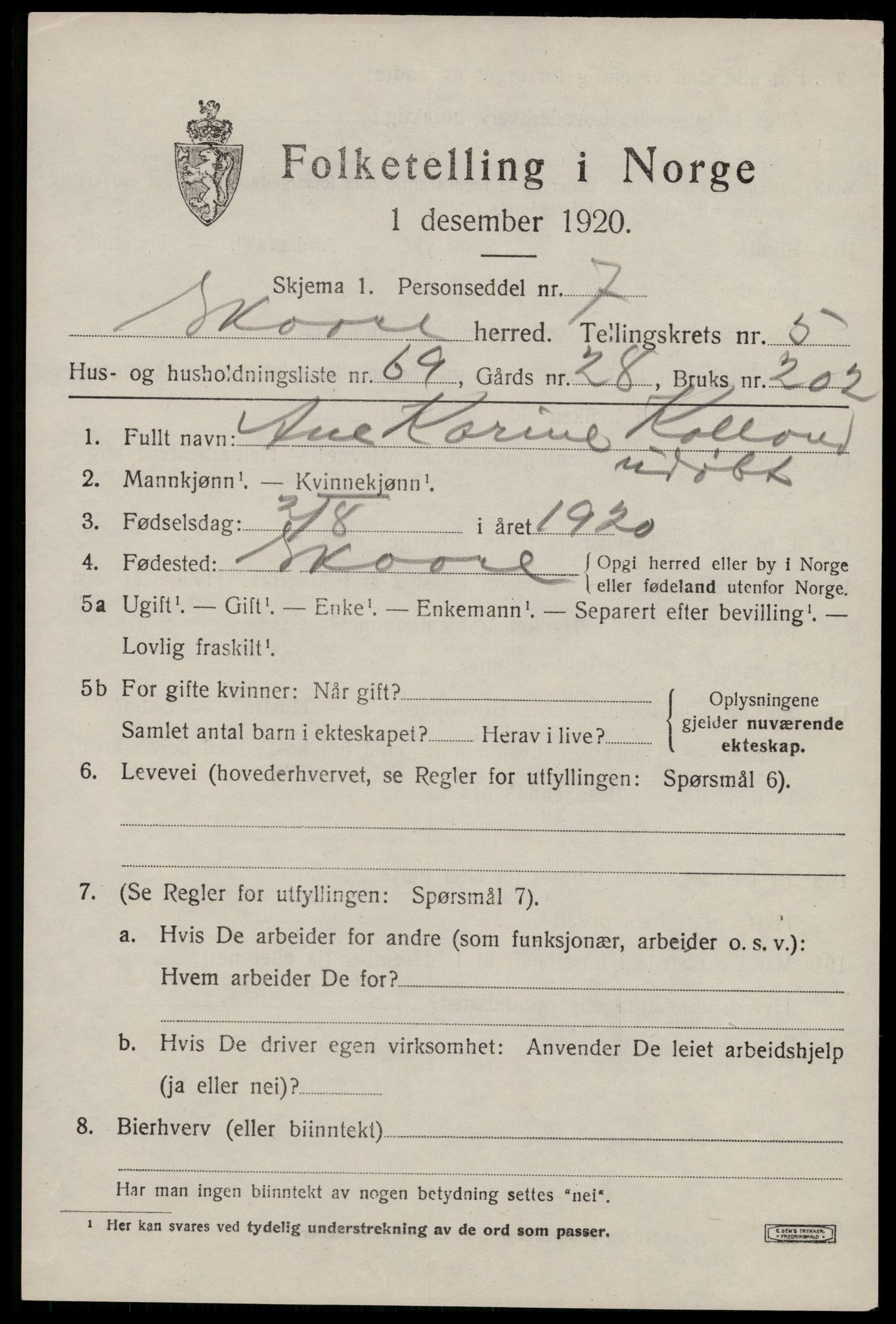 SAST, 1920 census for Skåre, 1920, p. 3726